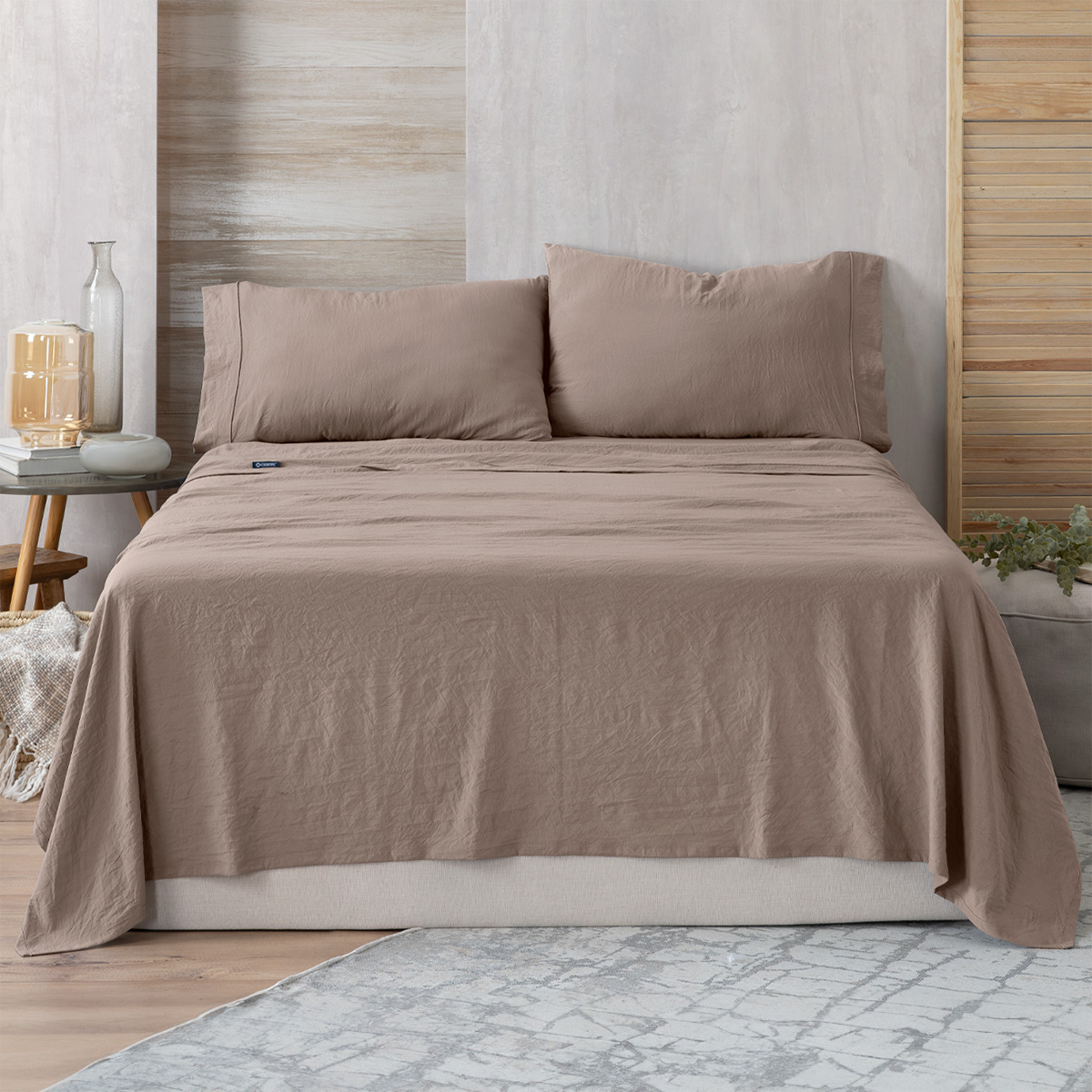 Sábana con Acabado Tipo Lino Prelavado Esquimal Matrimonial Café Ultra Suave
