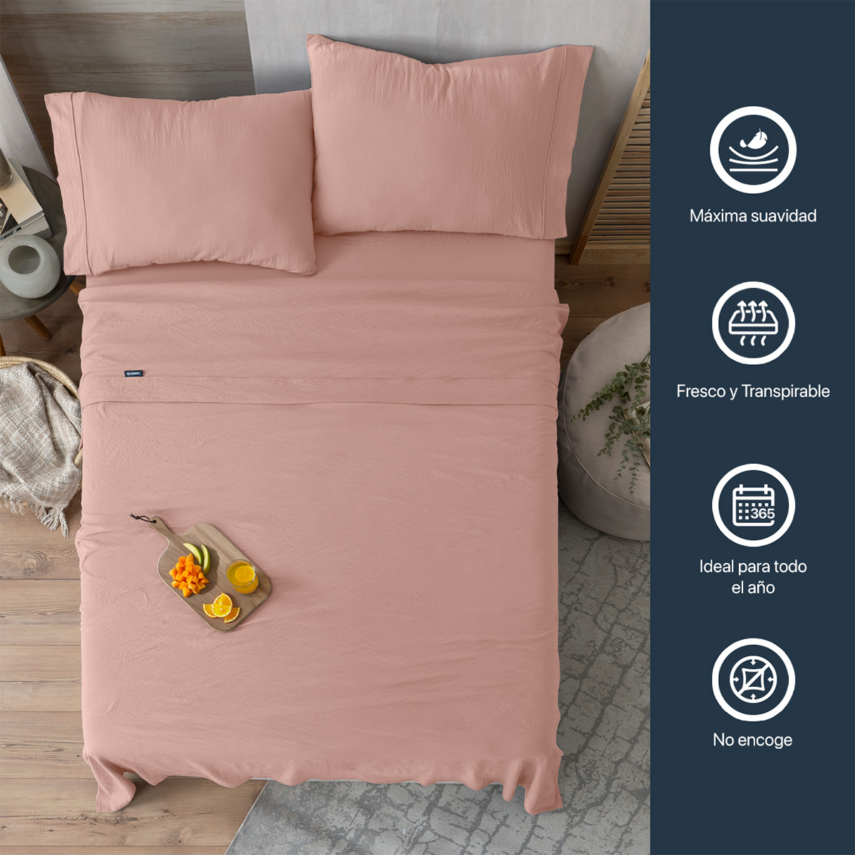 Foto 5 | Sábana con Acabado Tipo Lino Prelavado Esquimal Queen Size Rosa Ultra Suave