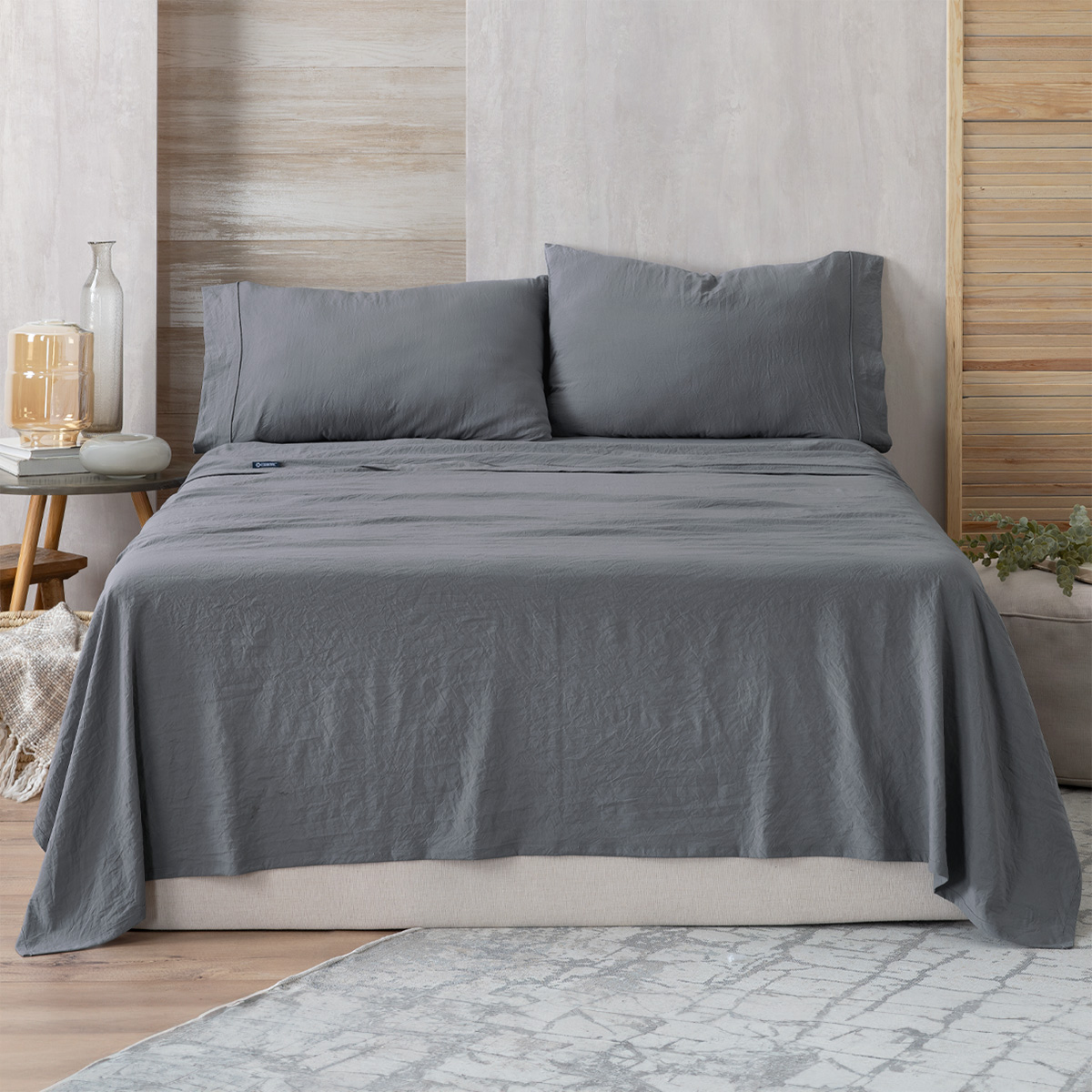 Sábana con Acabado Tipo Lino Prelavado Esquimal Matrimonial Gris Ultra Suave