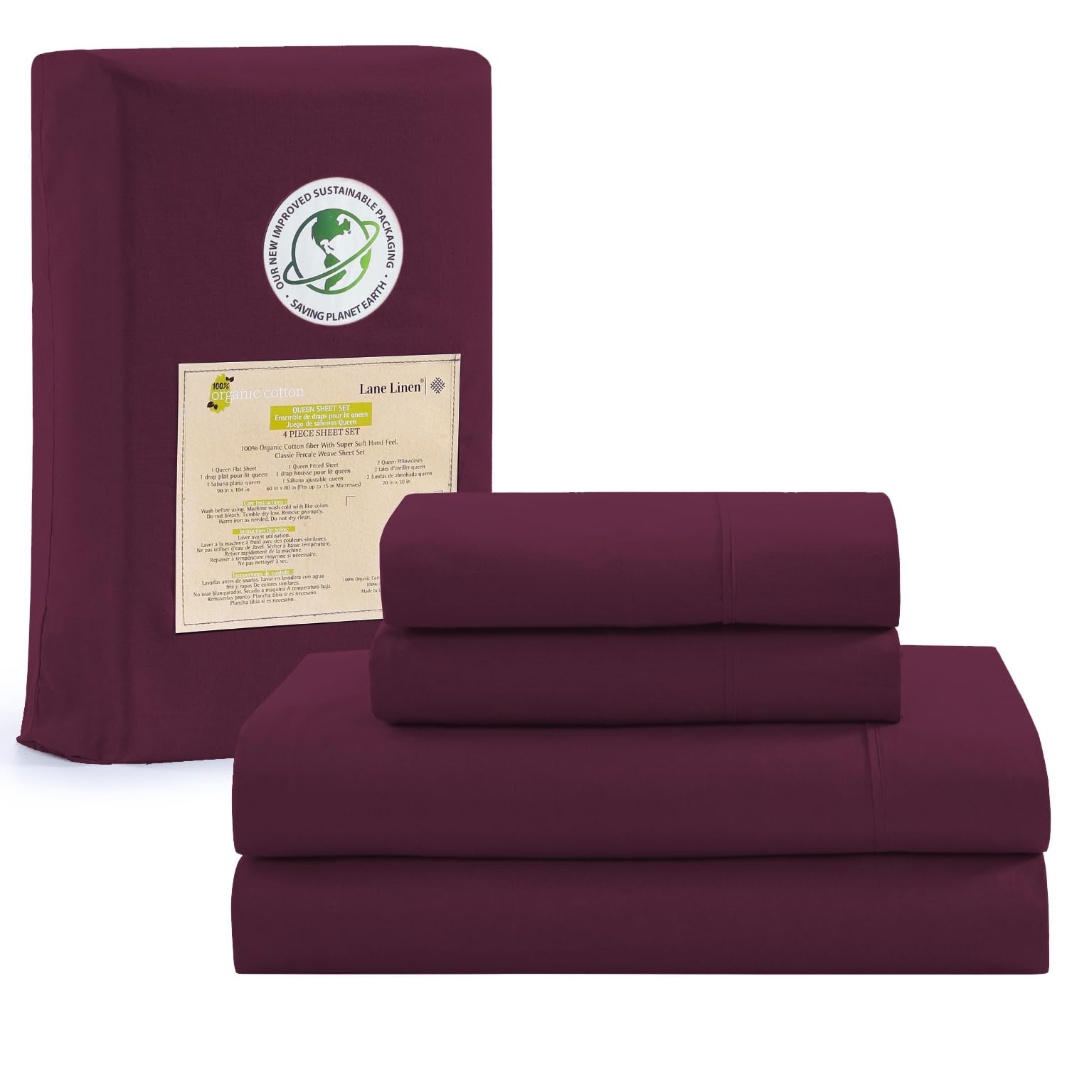 Juego De Sábanas Lane Linen 100% Algodón Orgánico Tamaño King Windsor Wine - Venta Internacional.