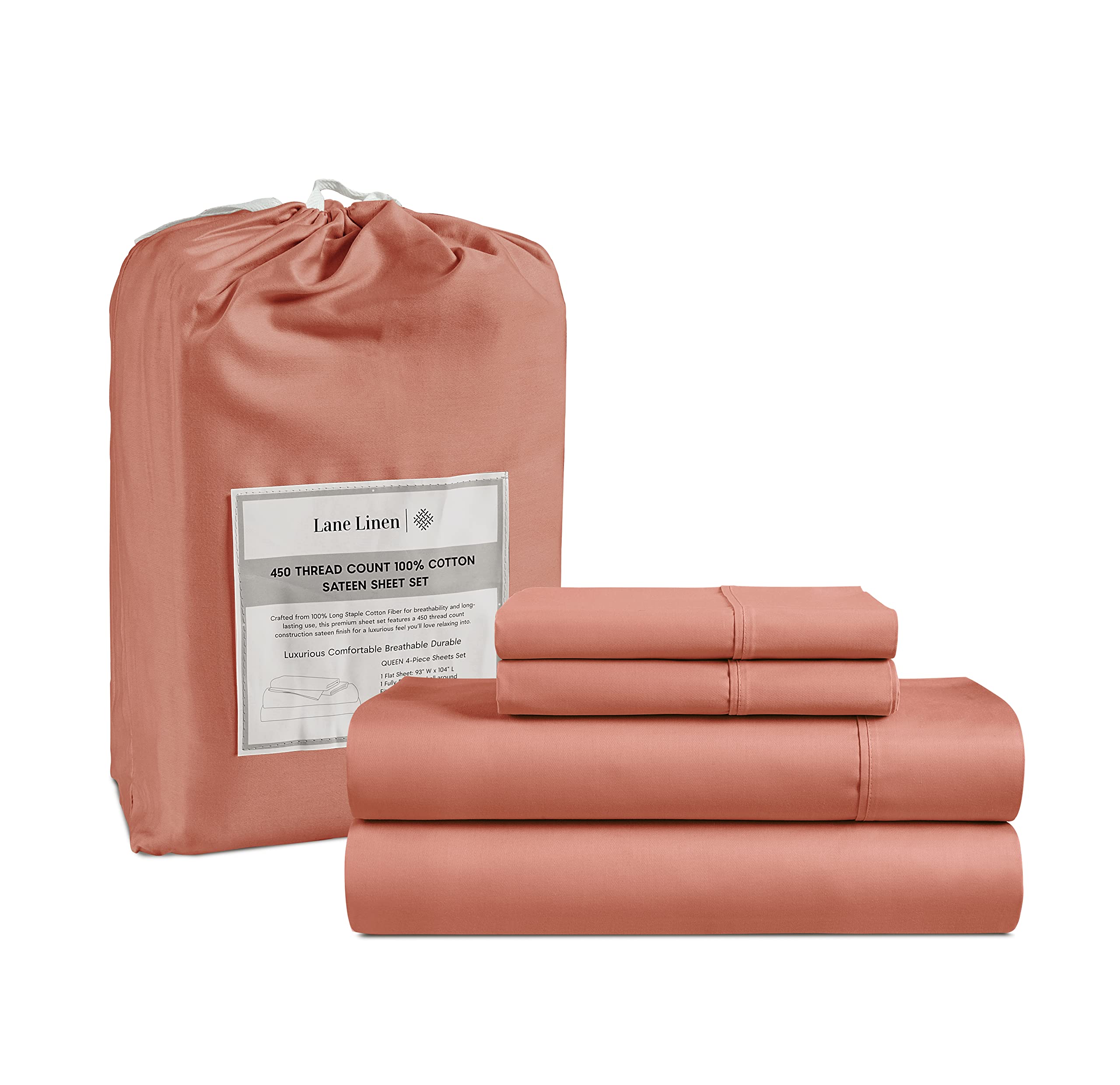 Juego De Sábanas Lane Linen, Tamaño Completo, 100% Algodón, 450 Hilos, Color Rosa - Venta Internacional.