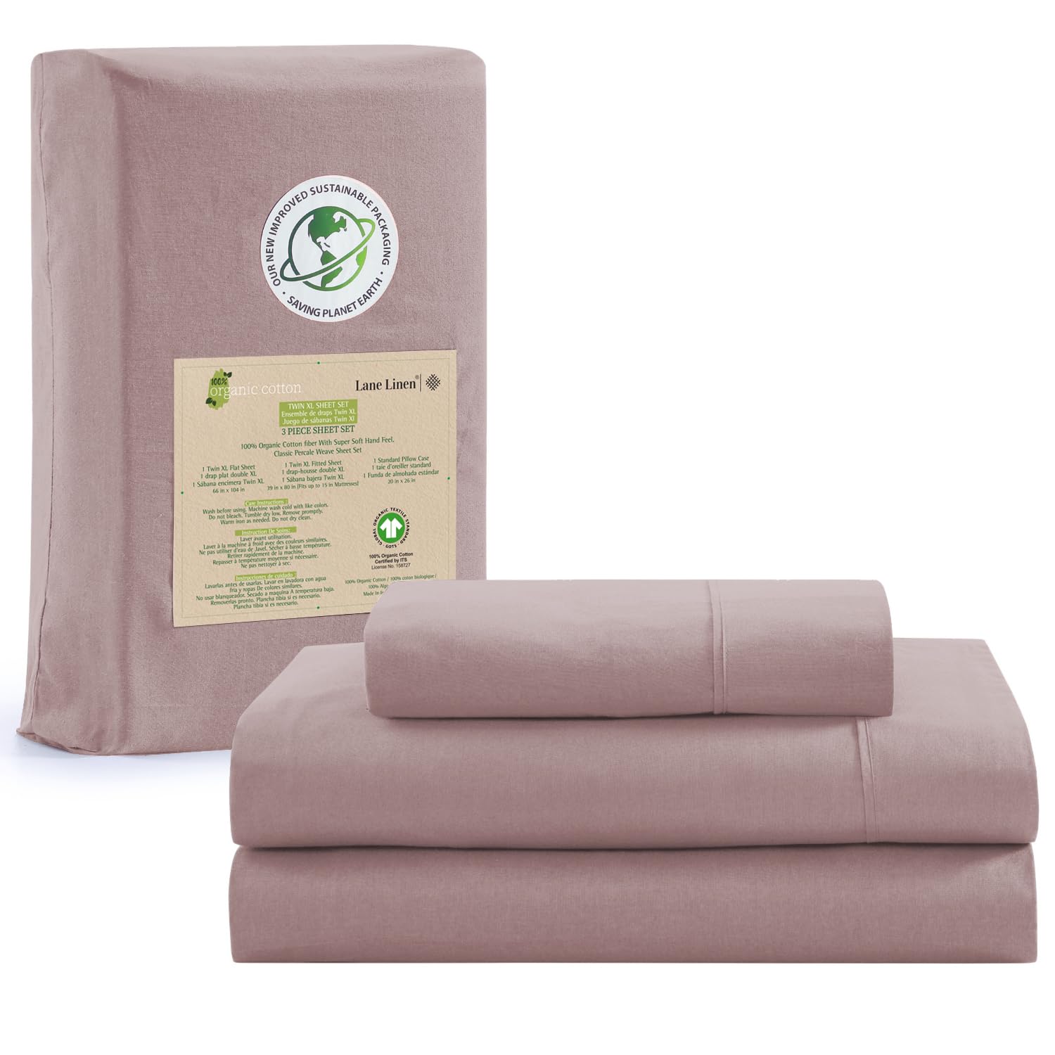Sábanas Lane Linen 100% Algodón Orgánico Twin Lilac - Venta Internacional.