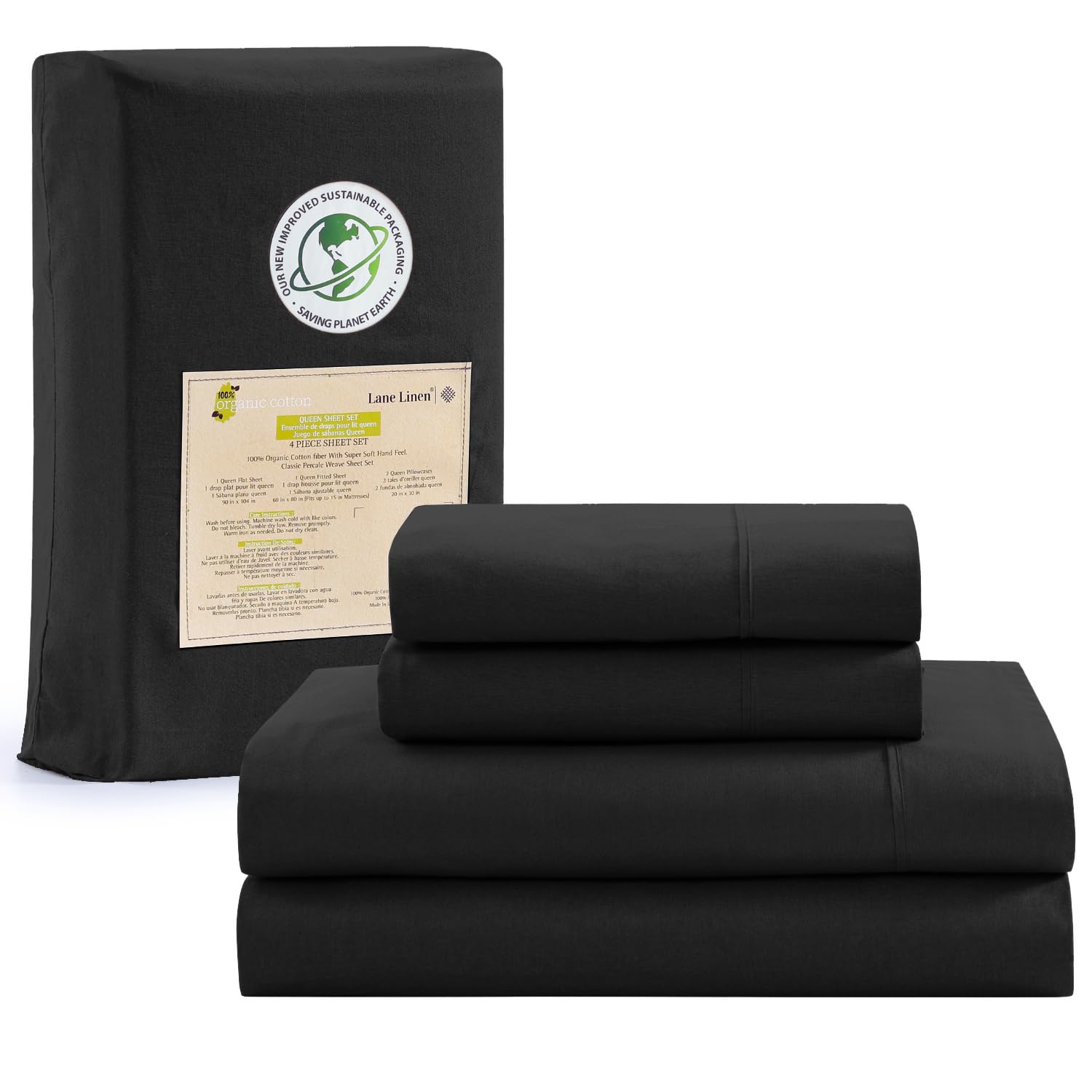 Foto 1 | Juego De Sábanas Lane Linen, 100% Algodón Orgánico, Tamaño Completo, Negro - Venta Internacional.