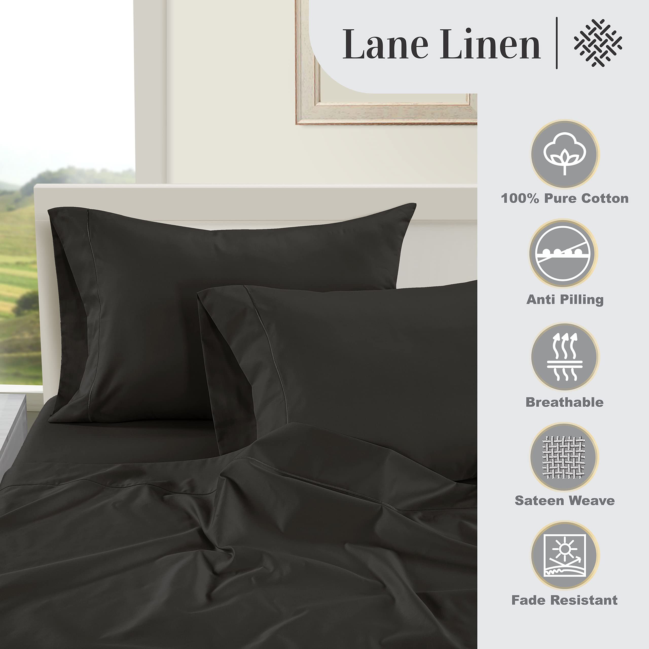 Foto 5 | Sábanas Lane Linen, 100% Algodón Egipcio, 1000 Hilos, 2 Camas, Negras - Venta Internacional.