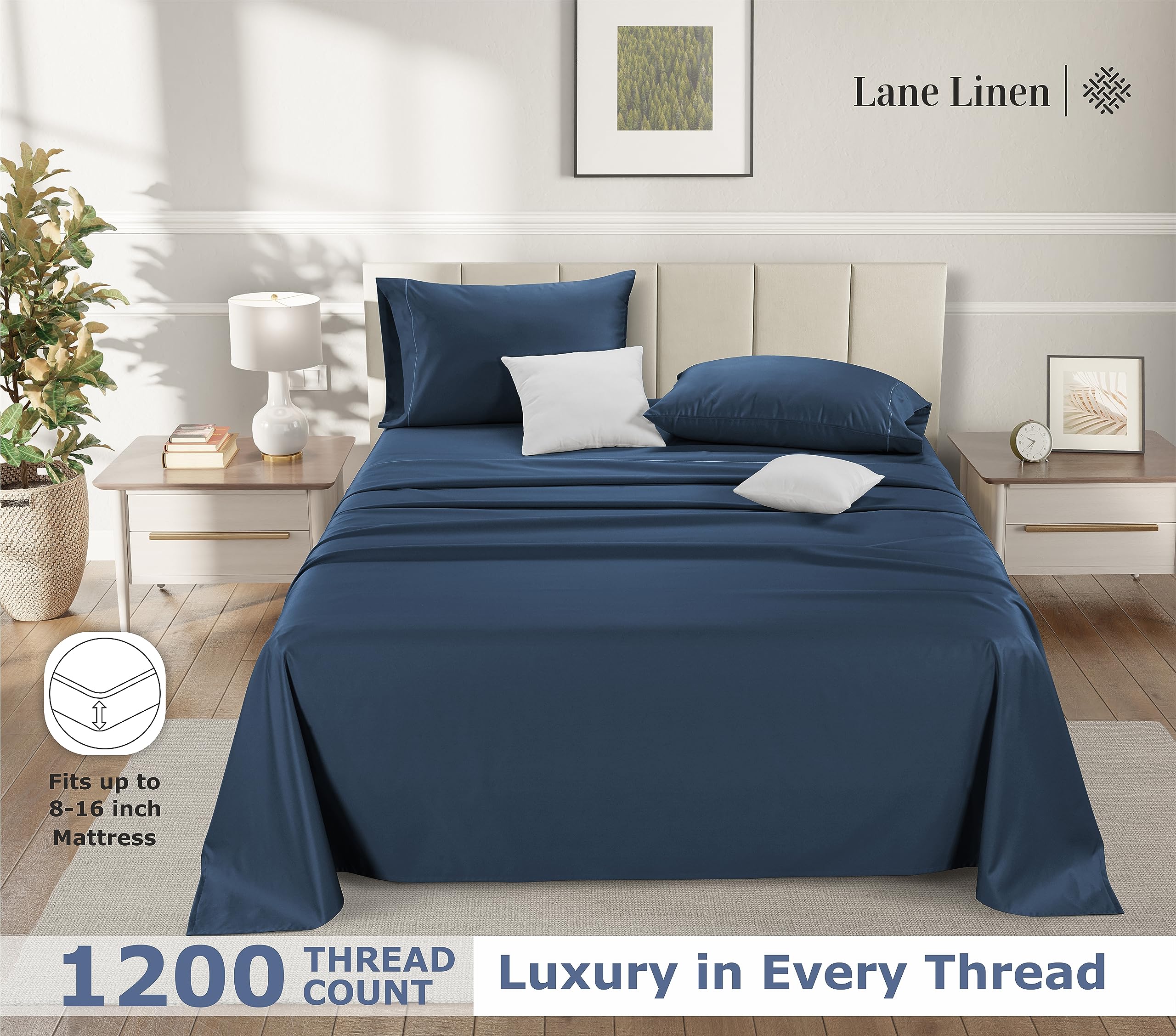 Foto 4 | Sábanas Lane Linen, 100% Algodón Egipcio, 1200 Hilos, Tamaño Completo - Venta Internacional.