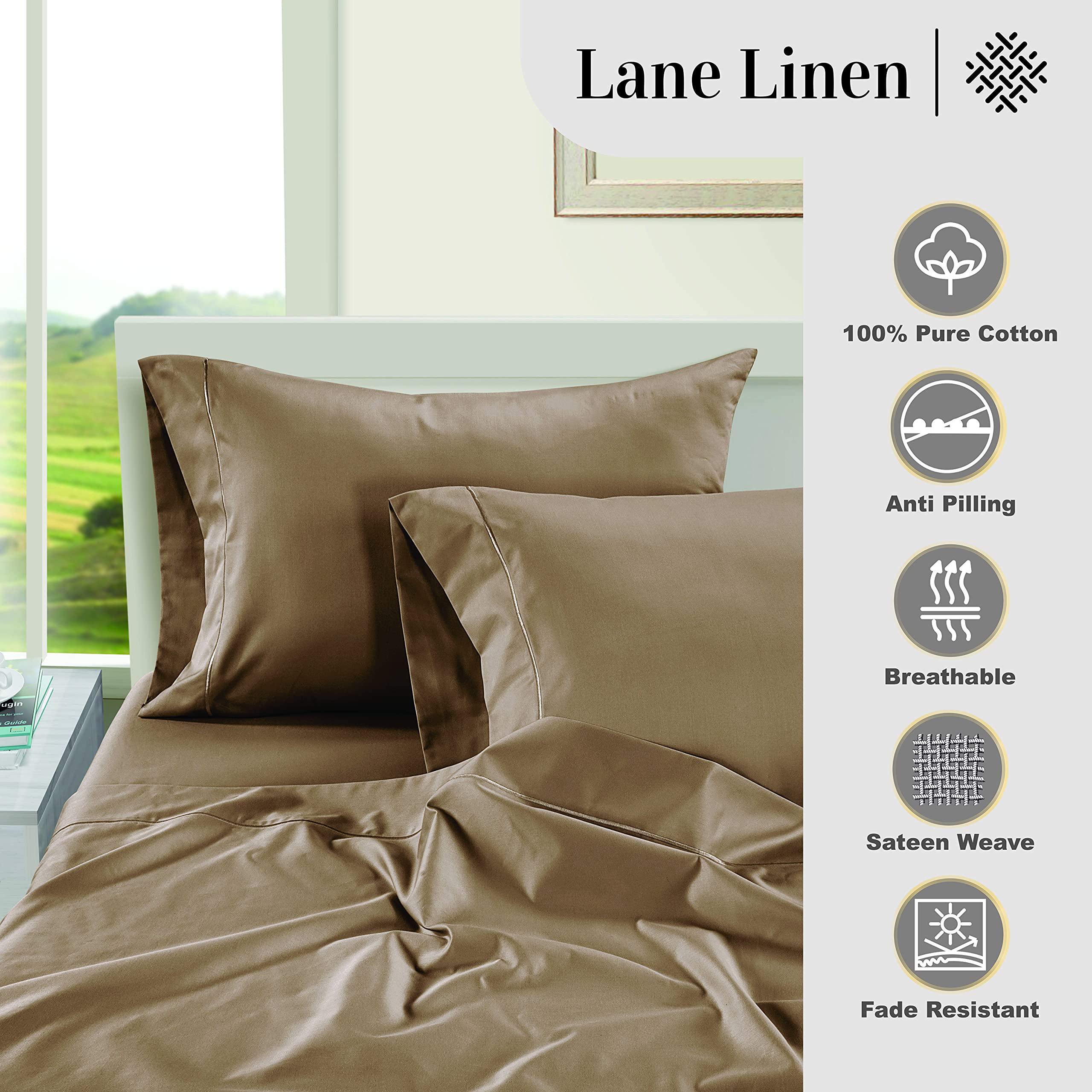 Foto 5 | Sábanas Lane Linen, 100% Algodón Egipcio, 1000 Hilos, Color Topo Completo - Venta Internacional.