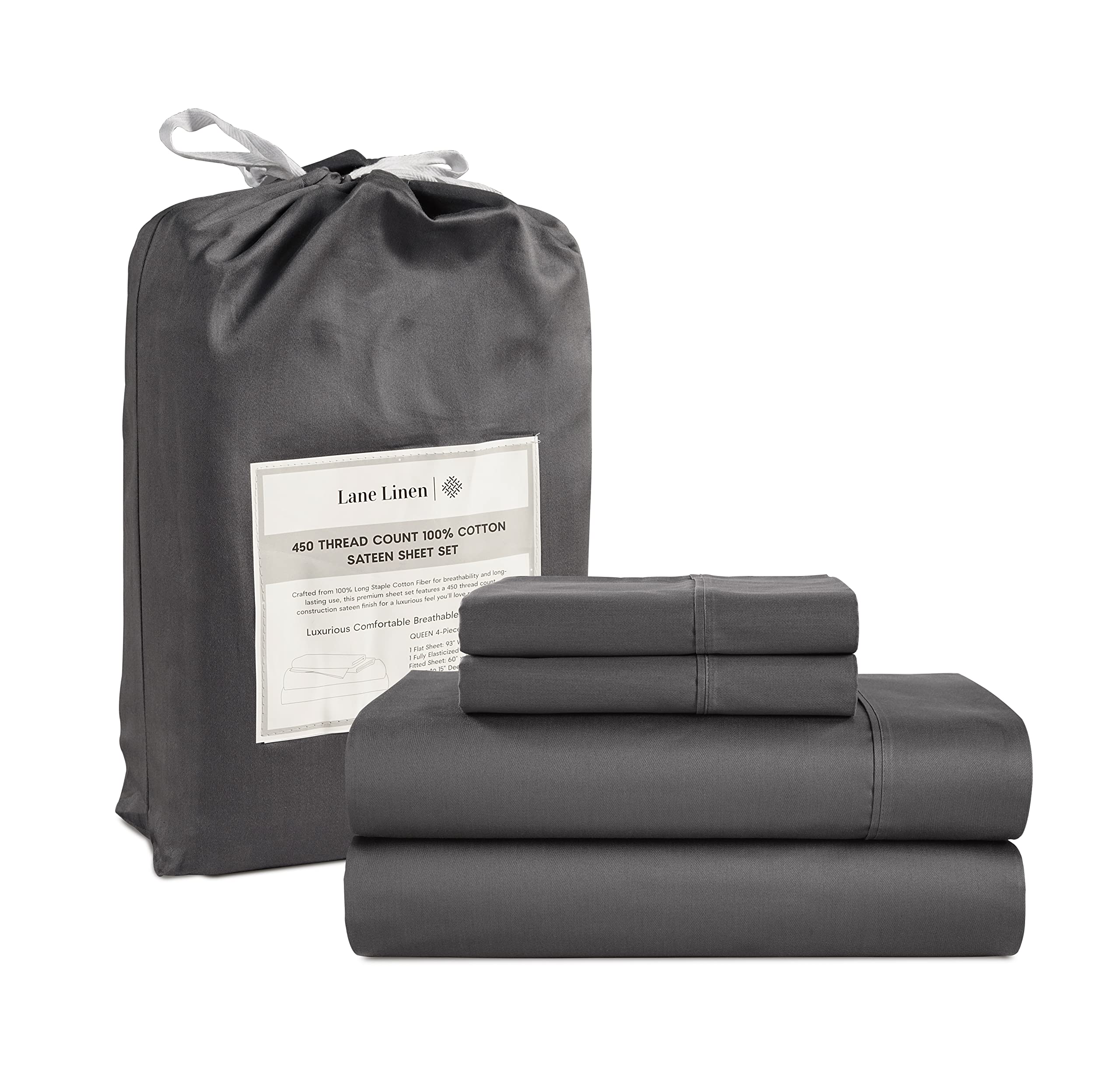 Juego De Sábanas Lane Linen, 100% Algodón, 450 Hilos, Tamaño King (4 Unidades), Color Gris - Venta Internacional.