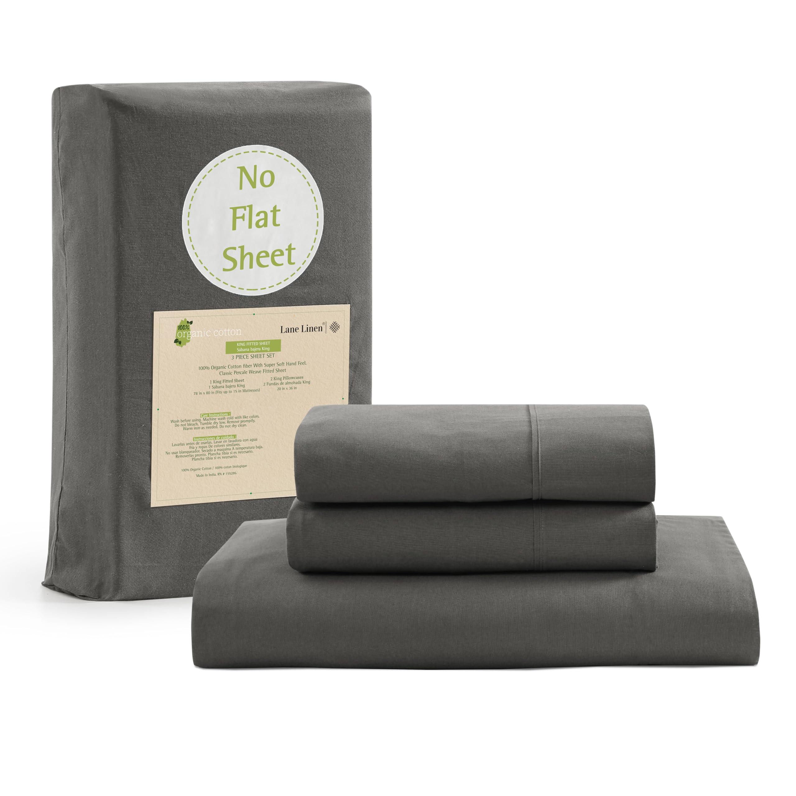 Sábana Bajera Lane Linen, Tamaño King, 100% Algodón Orgánico, Color Carbón - Venta Internacional.