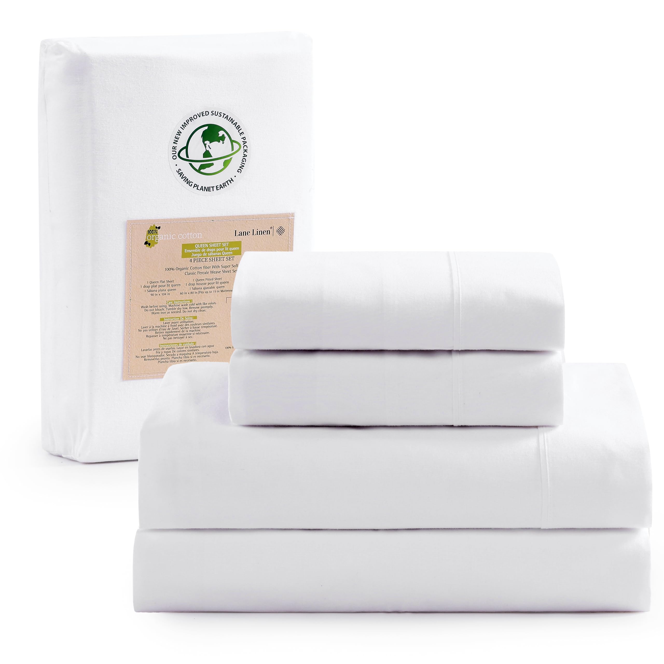 Juego De Sábanas Lane Linen, 100% Algodón Orgánico, Tamaño Completo, Blanco - Venta Internacional.