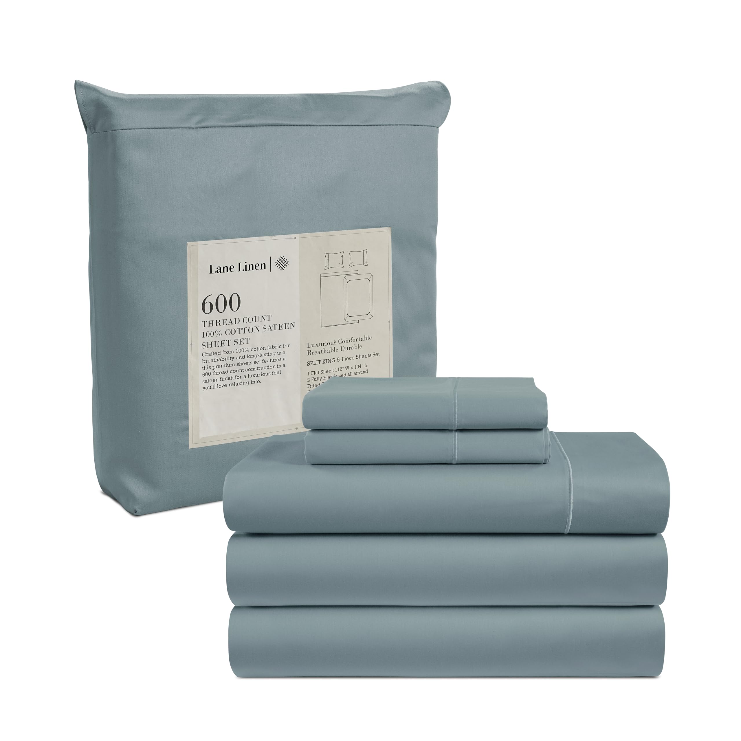 Juego De Sábanas Lane Linen Split King 600tc 100% Algodón Satinado Azul - Venta Internacional.