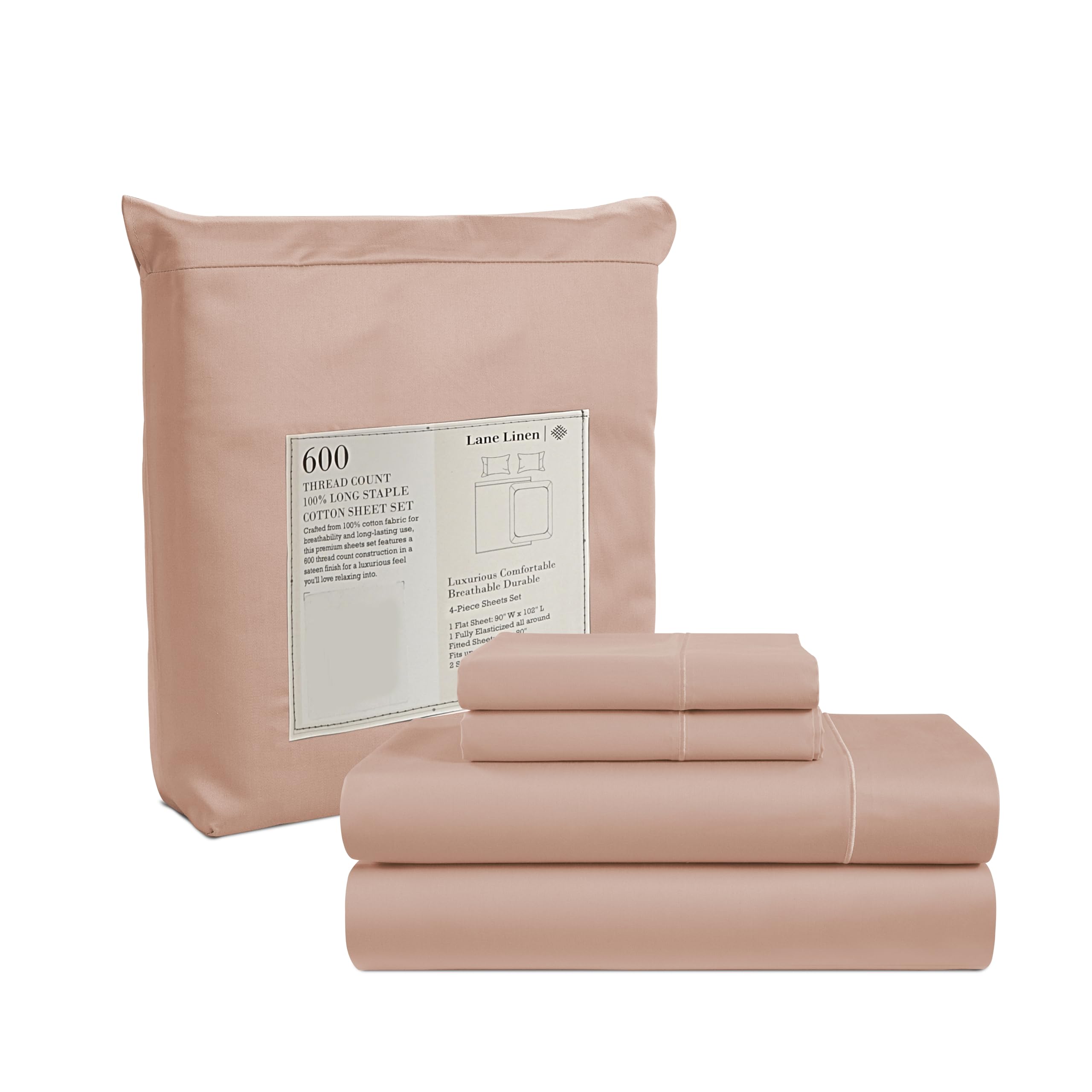 Juego De Sábanas Lane Linen, Tamaño King, 600 Hilos, 100% Algodón, Rosa, 4 Unidades - Venta Internacional.
