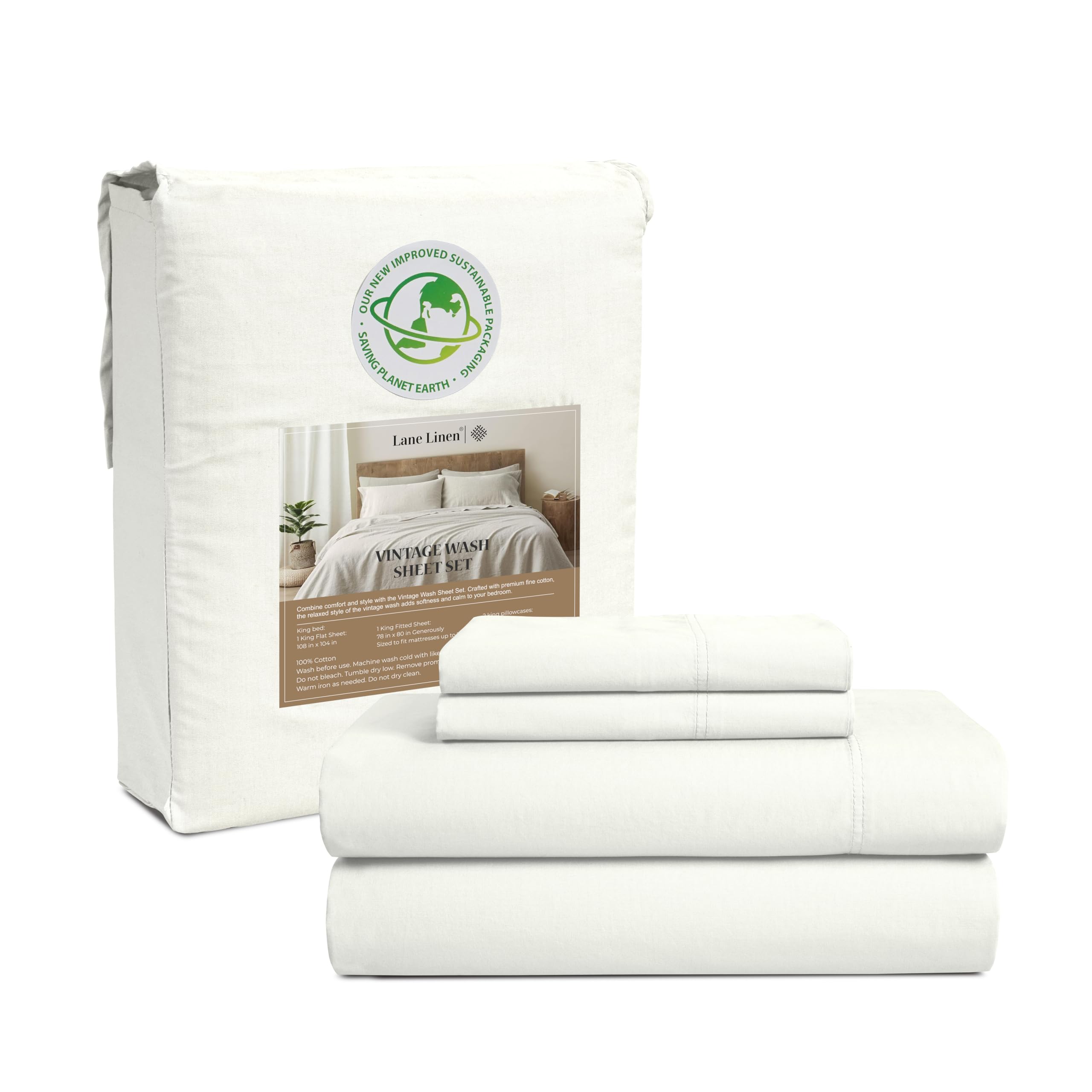 Sábanas Lane Linen Tamaño King, 100% Algodón, Prelavadas, Blancas - Venta Internacional.