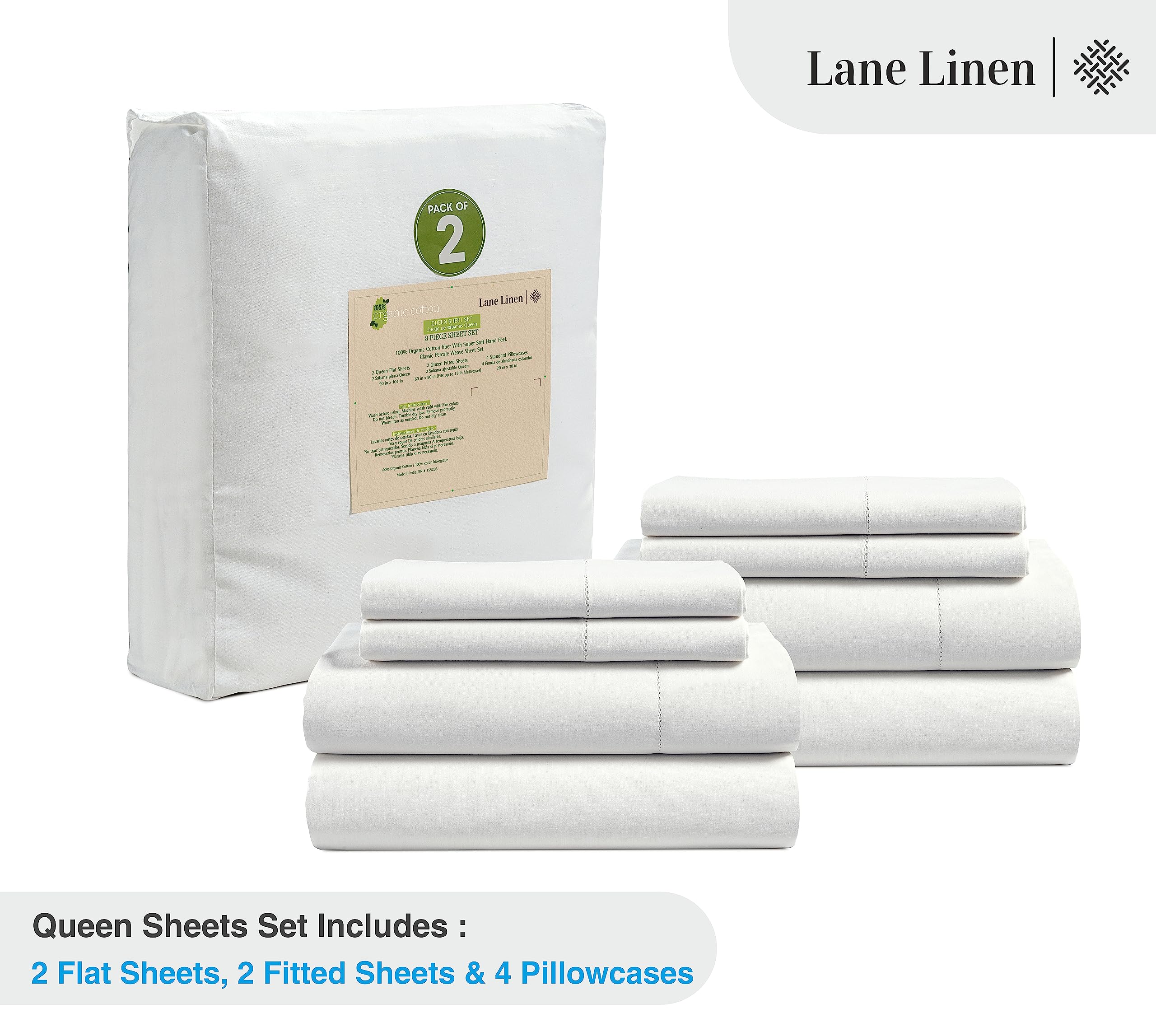 Foto 3 pulgar | Juego De Sábanas Lane Linen, 100% Algodón Orgánico, Tamaño Queen (paquete De 2) - Venta Internacional.