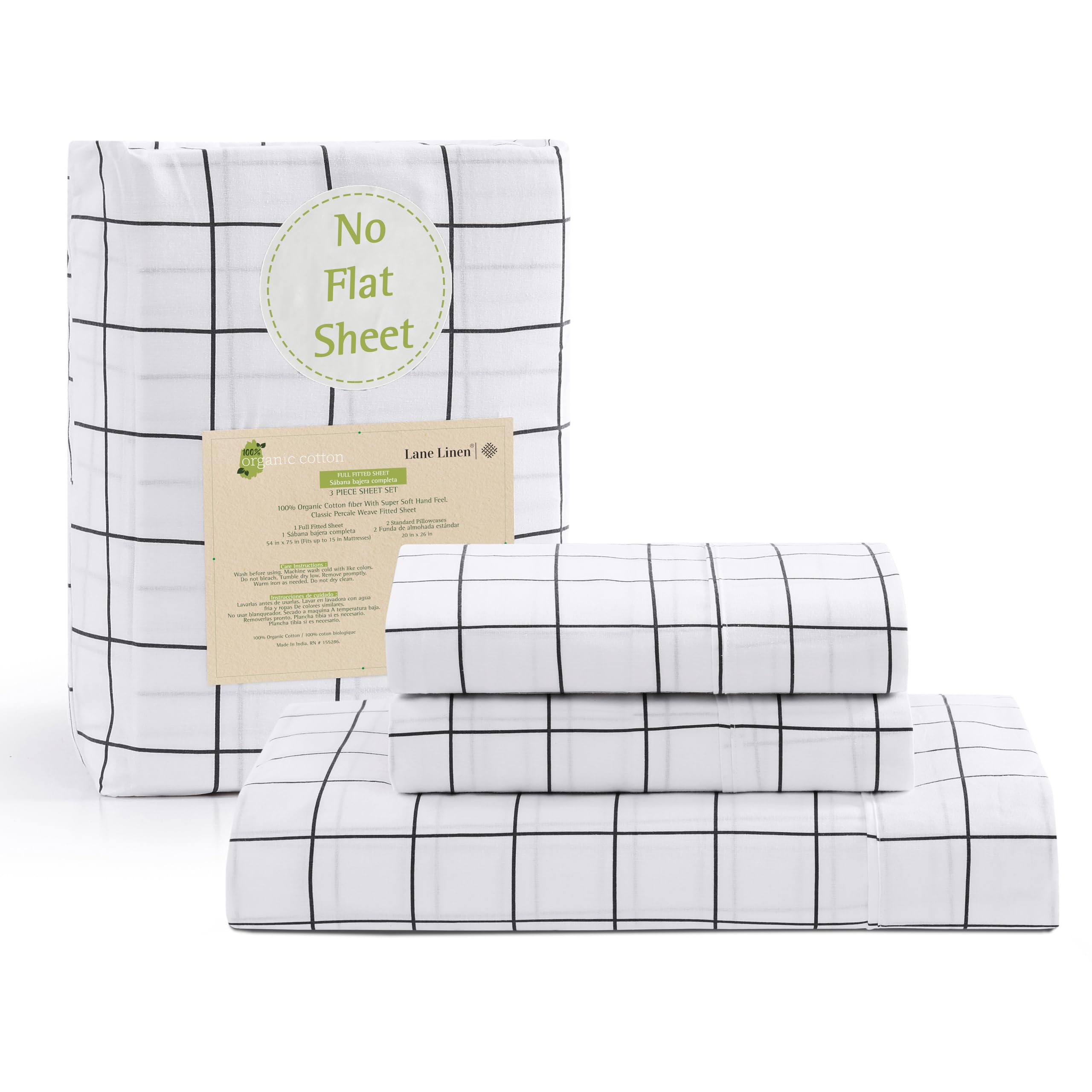 Sábana Bajera Ajustable Lane Linen, Tamaño Completo, 100% Algodón Orgánico - Venta Internacional.
