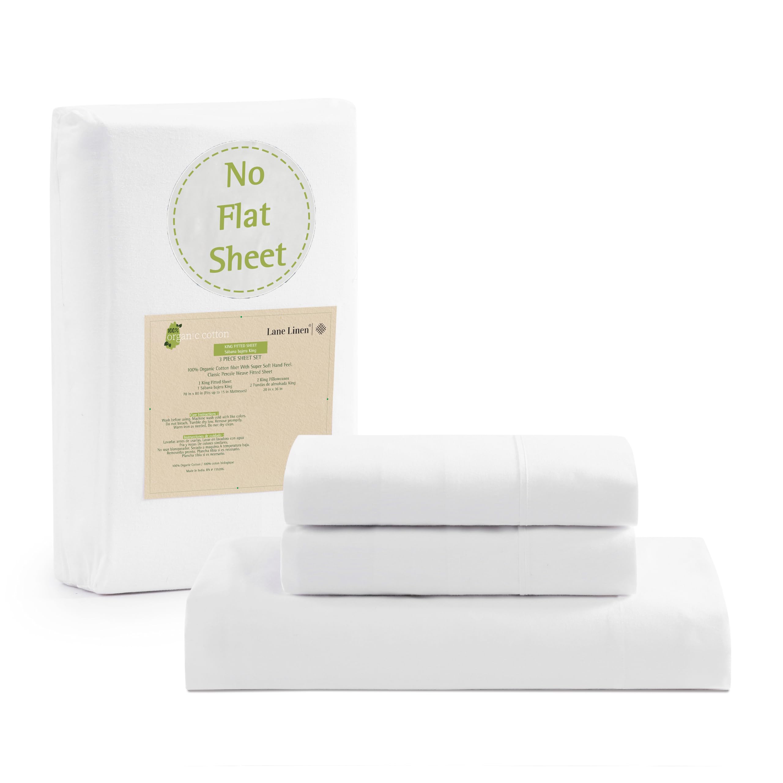 Sábana Bajera Lane Linen Tamaño King, 100% Algodón Orgánico, Color Blanco - Venta Internacional.