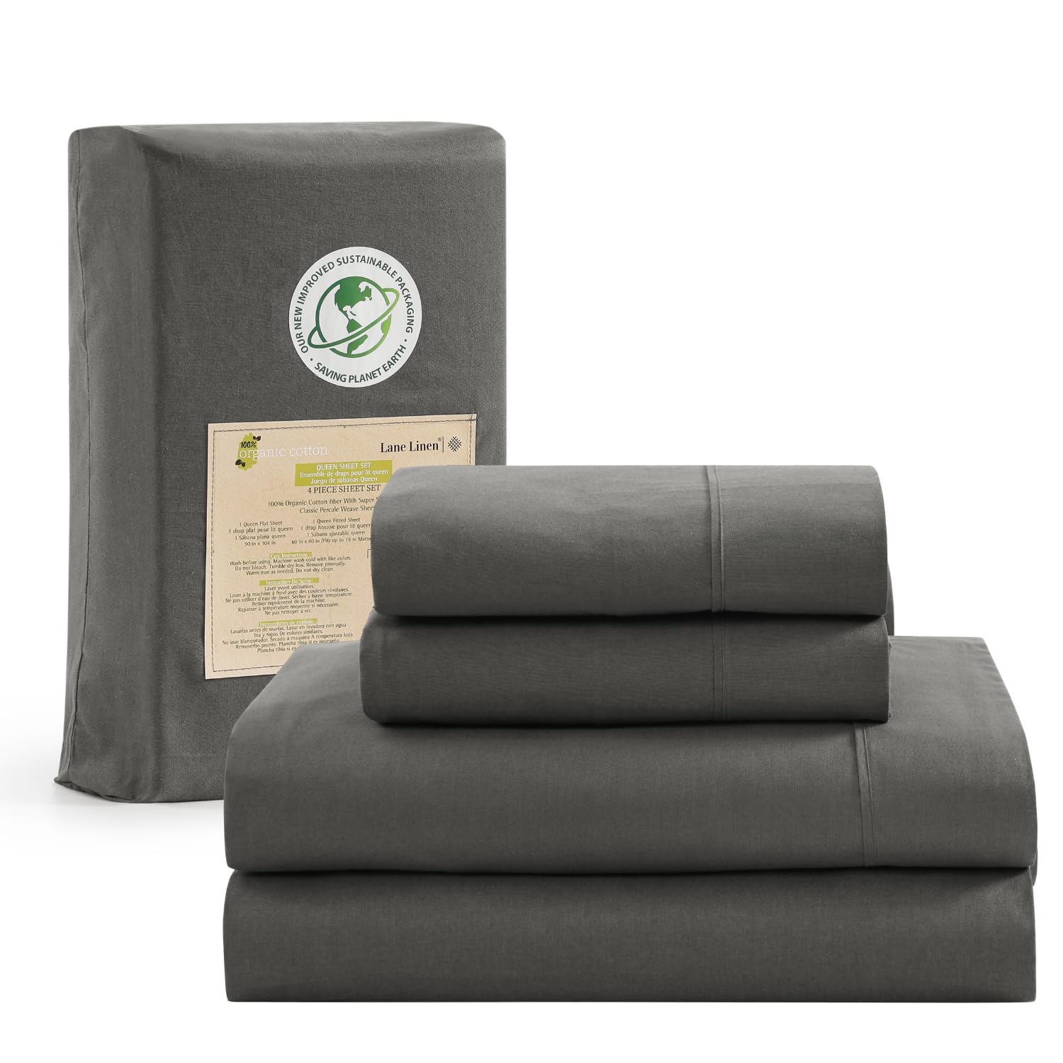 Juego De Sábanas Lane Linen, 100% Algodón Orgánico, Tamaño Doble, Color Carbón - Venta Internacional.