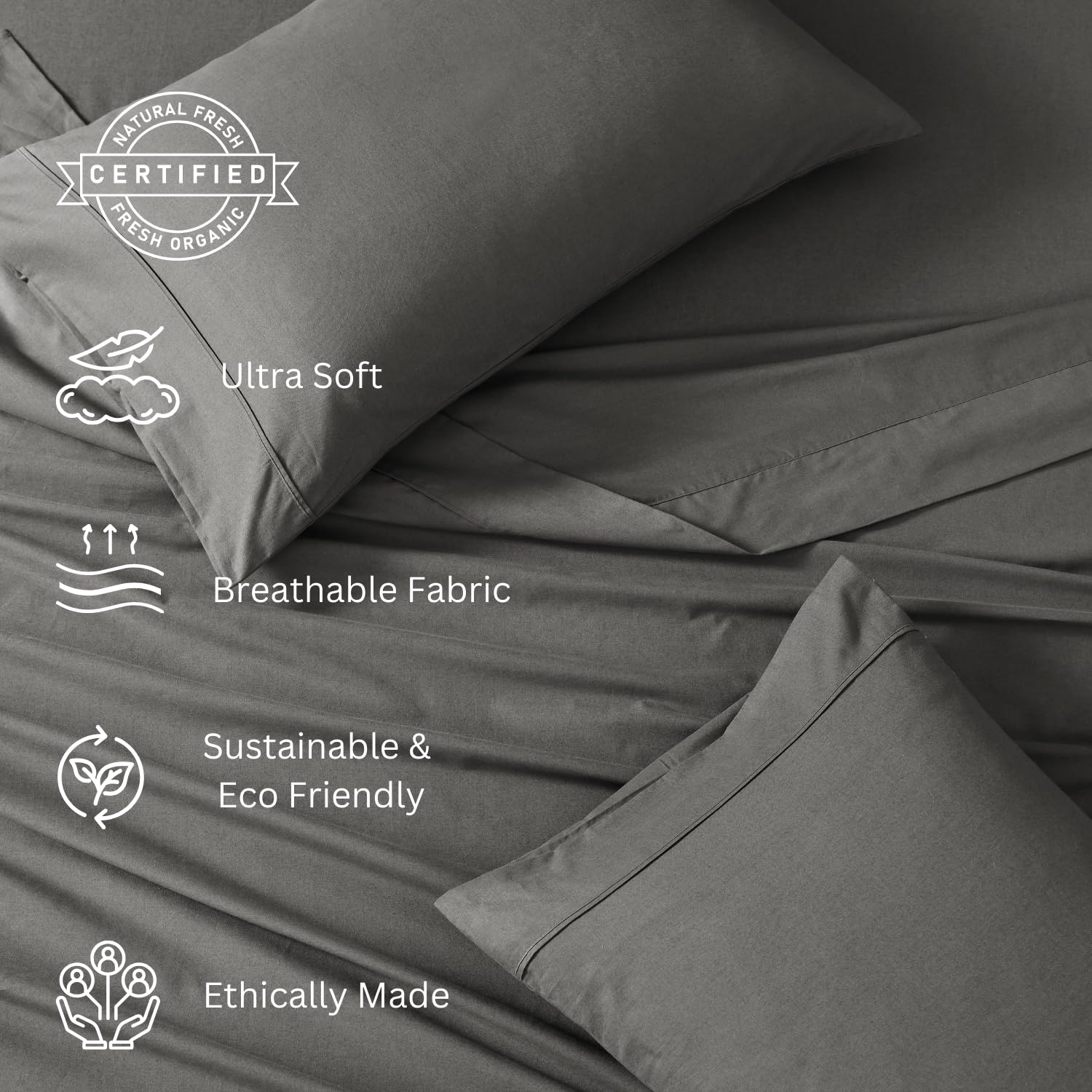 Foto 4 | Juego De Sábanas Lane Linen, 100% Algodón Orgánico, Tamaño Doble, Color Carbón - Venta Internacional.