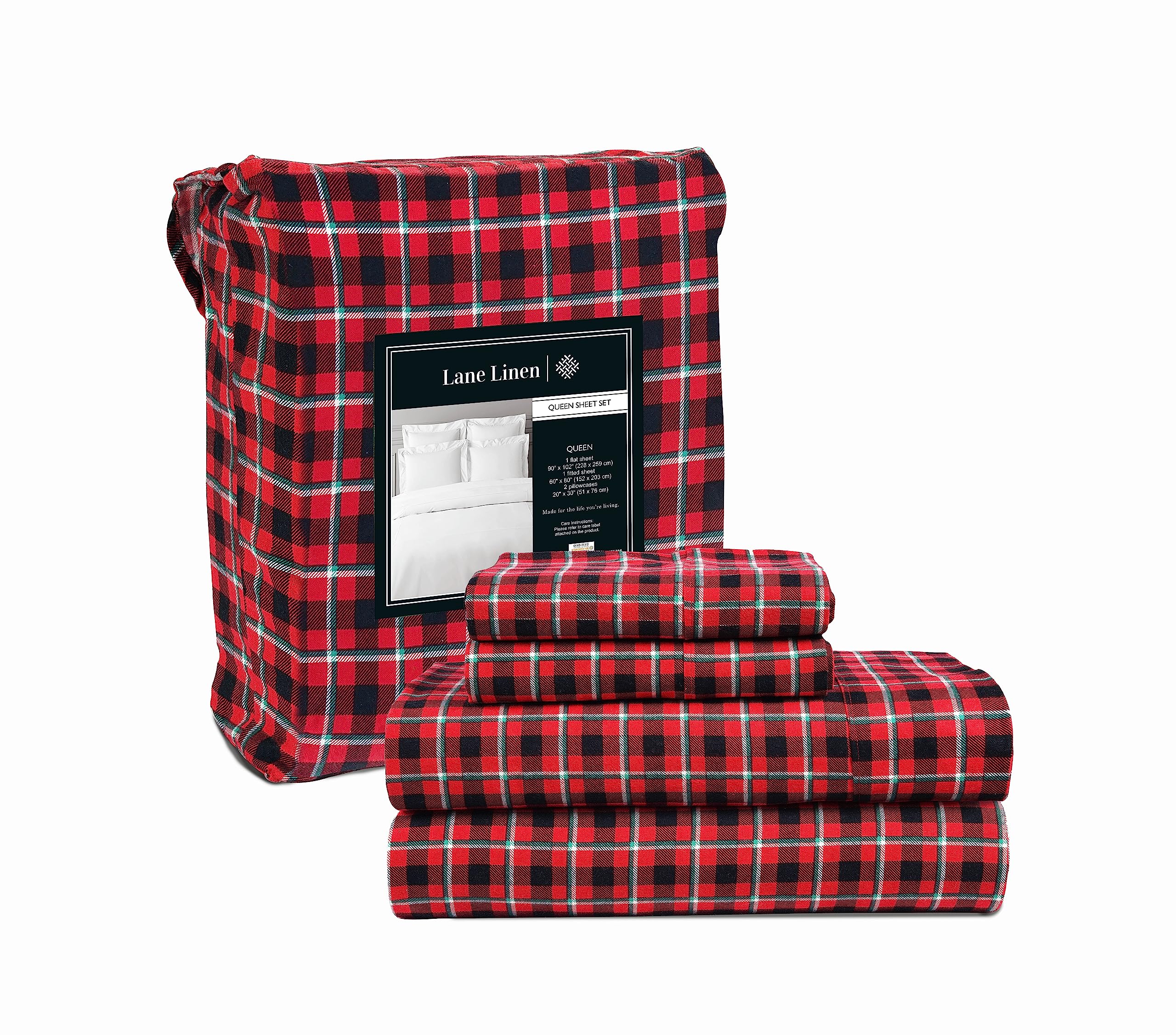 Juego De Sábanas De Franela Lane Linen, 100% Algodón, Tamaño Queen, Rojo - Venta Internacional.
