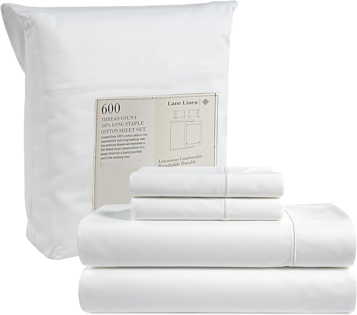 Juego De Sábanas Lane Linen Lane Linen, Blanco, 600 Hilos, Tamaño King, 4 Unidades - Venta Internacional.