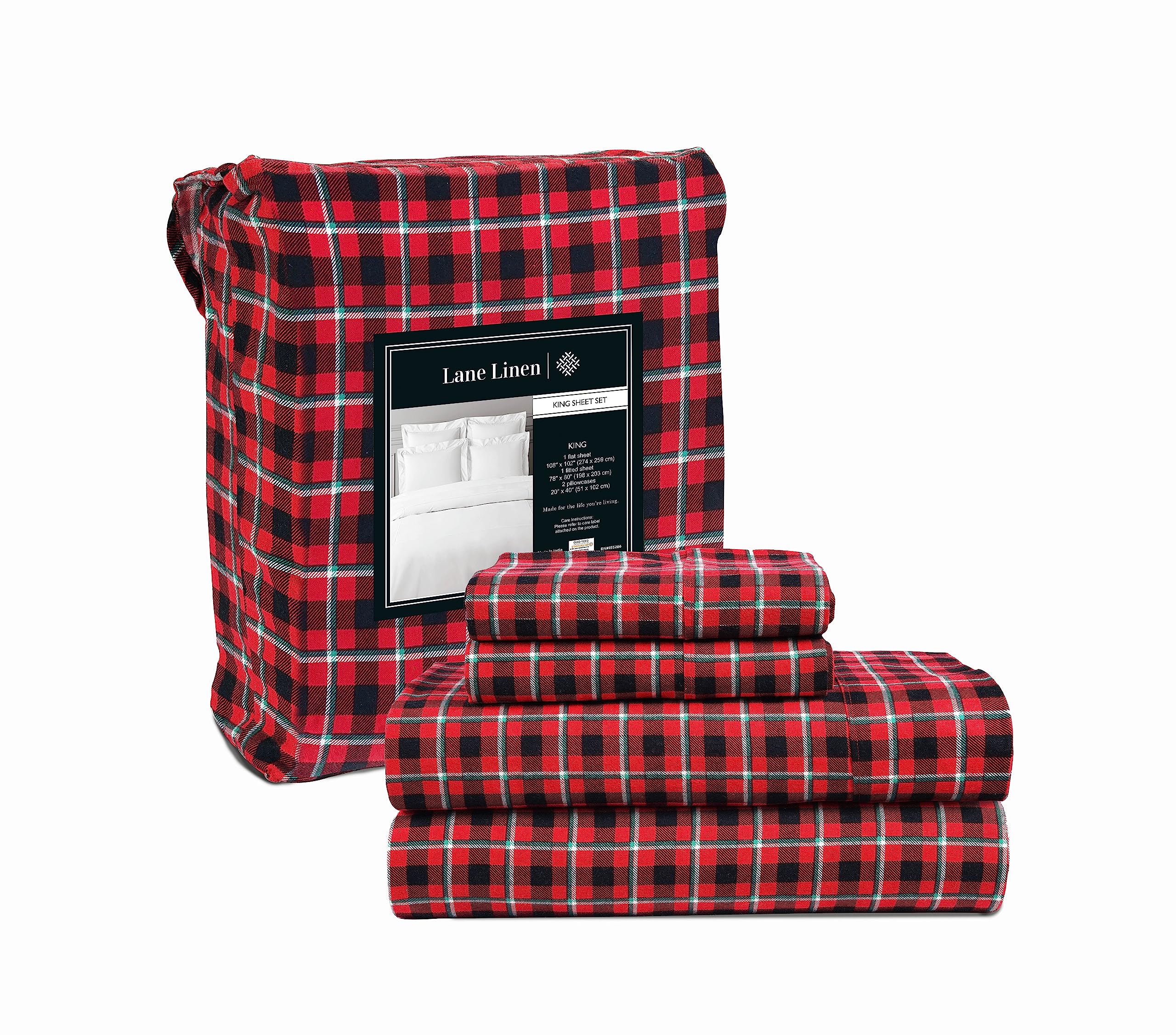 Foto 1 | Juego De Sábanas De Franela Lane Linen, 100% Algodón, Tamaño King Size, Rojo A Cuadros - Venta Internacional.