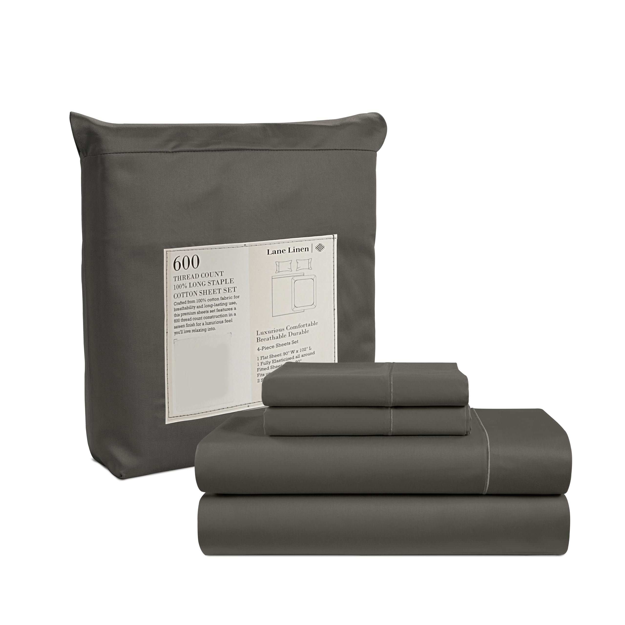 Juego De Sábanas Lane Linen, Tamaño Completo, 600 Hilos, 100% Algodón, Negro - Venta Internacional.