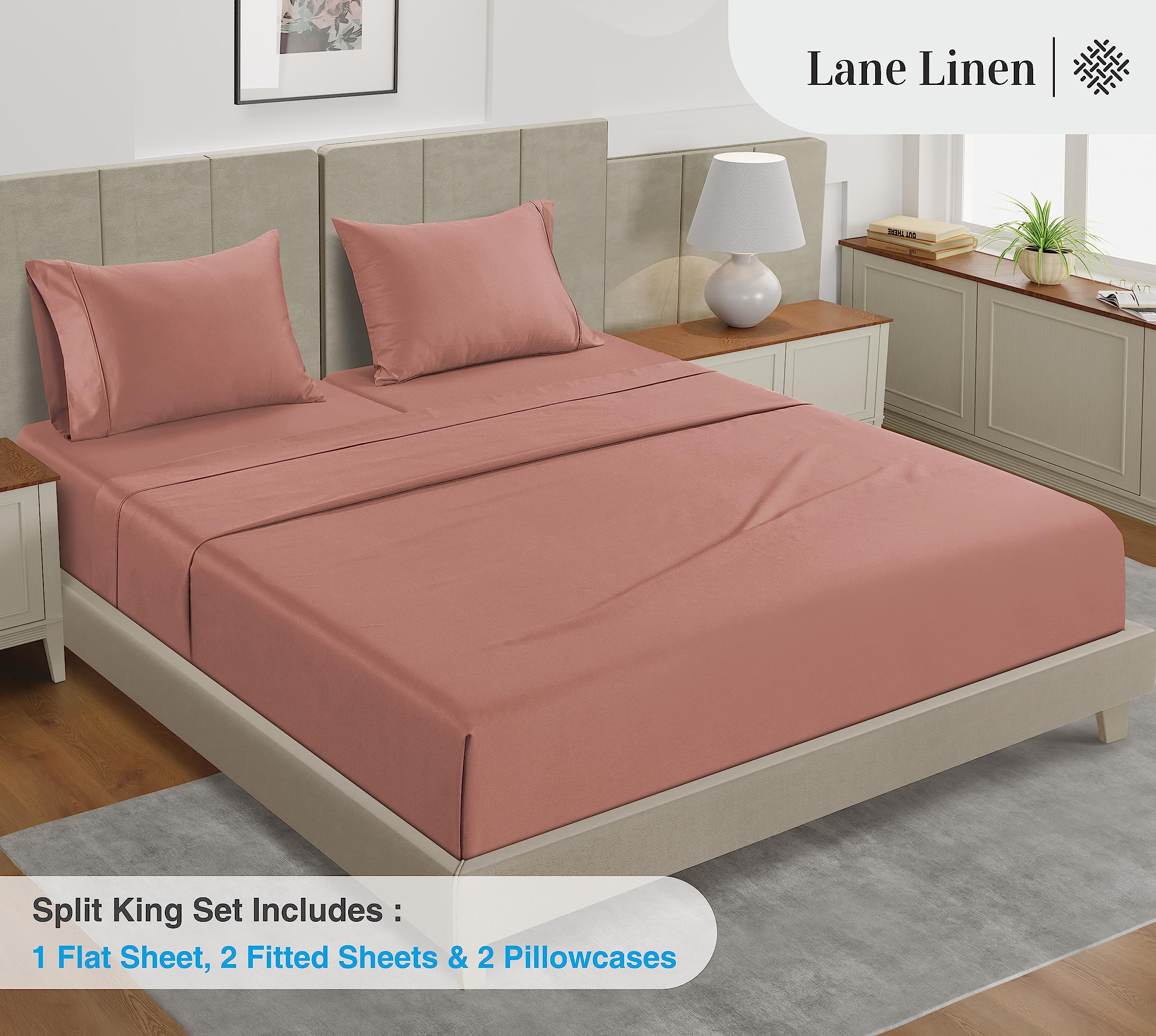 Foto 4 pulgar | Juego De Sábanas Lane Linen Split King, 100% Algodón, 450 Hilos, Rose Dawn - Venta Internacional.