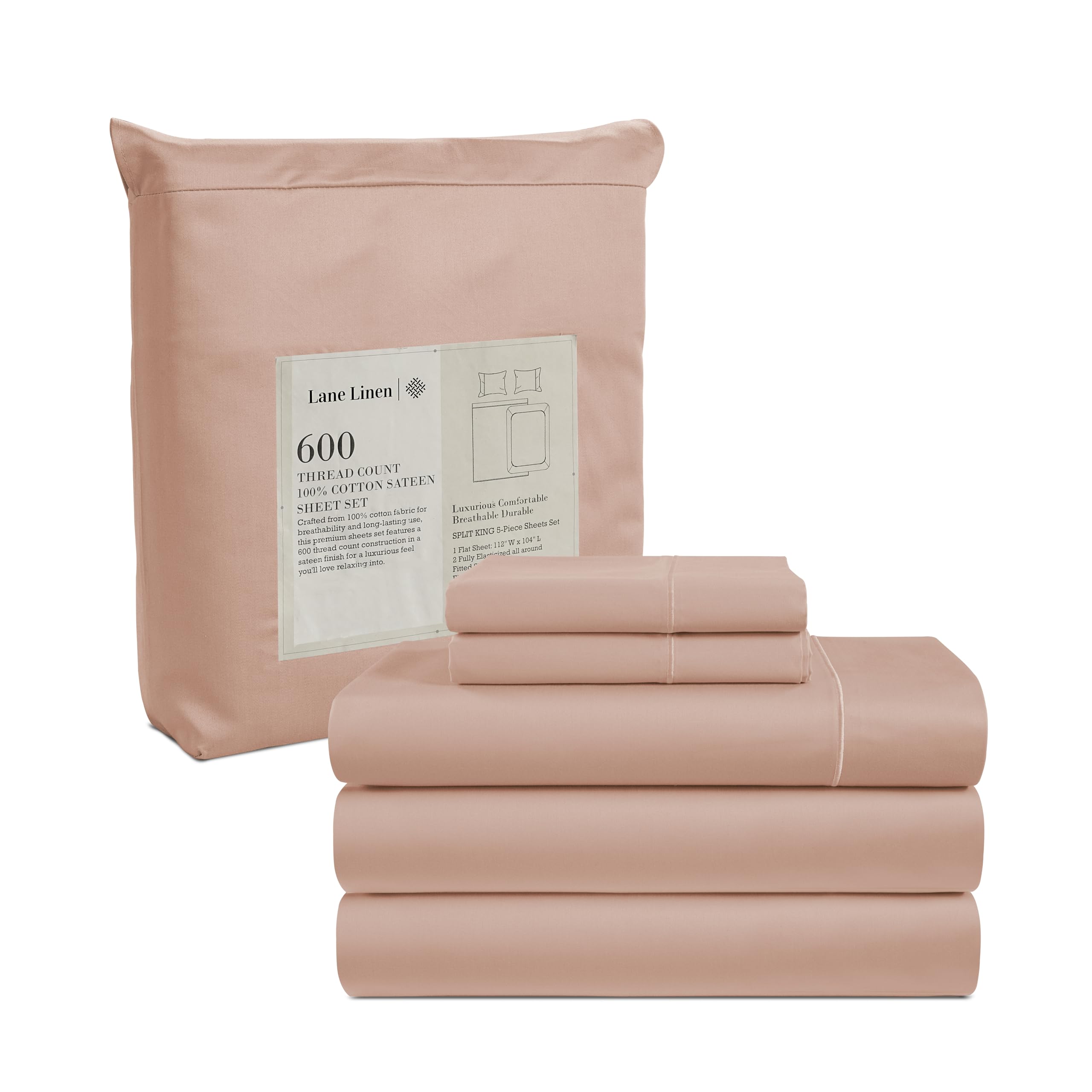 Juego De Sábanas Lane Linen Split King, 600 Hilos, 100% Algodón, Color Rosa Empolvado - Venta Internacional.