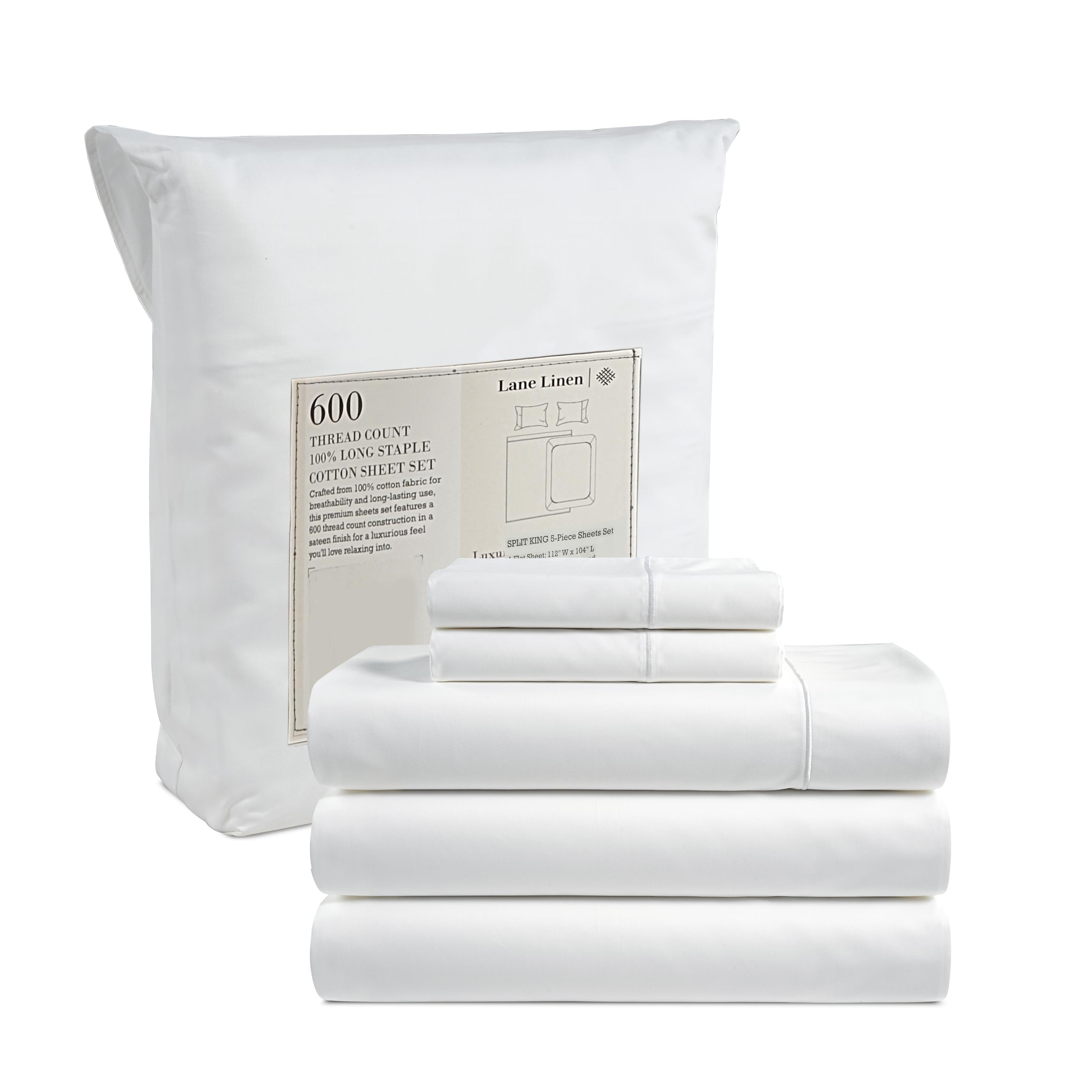 Foto 1 | Juego De Sábanas Lane Linen Split King 600tc 100% Algodón Blanco - Venta Internacional.