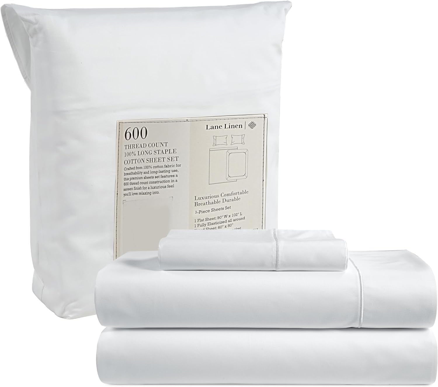 Juego De Sábanas Lane Linen Lane Linen White Twin, 600 Hilos, 100% Algodón - Venta Internacional.