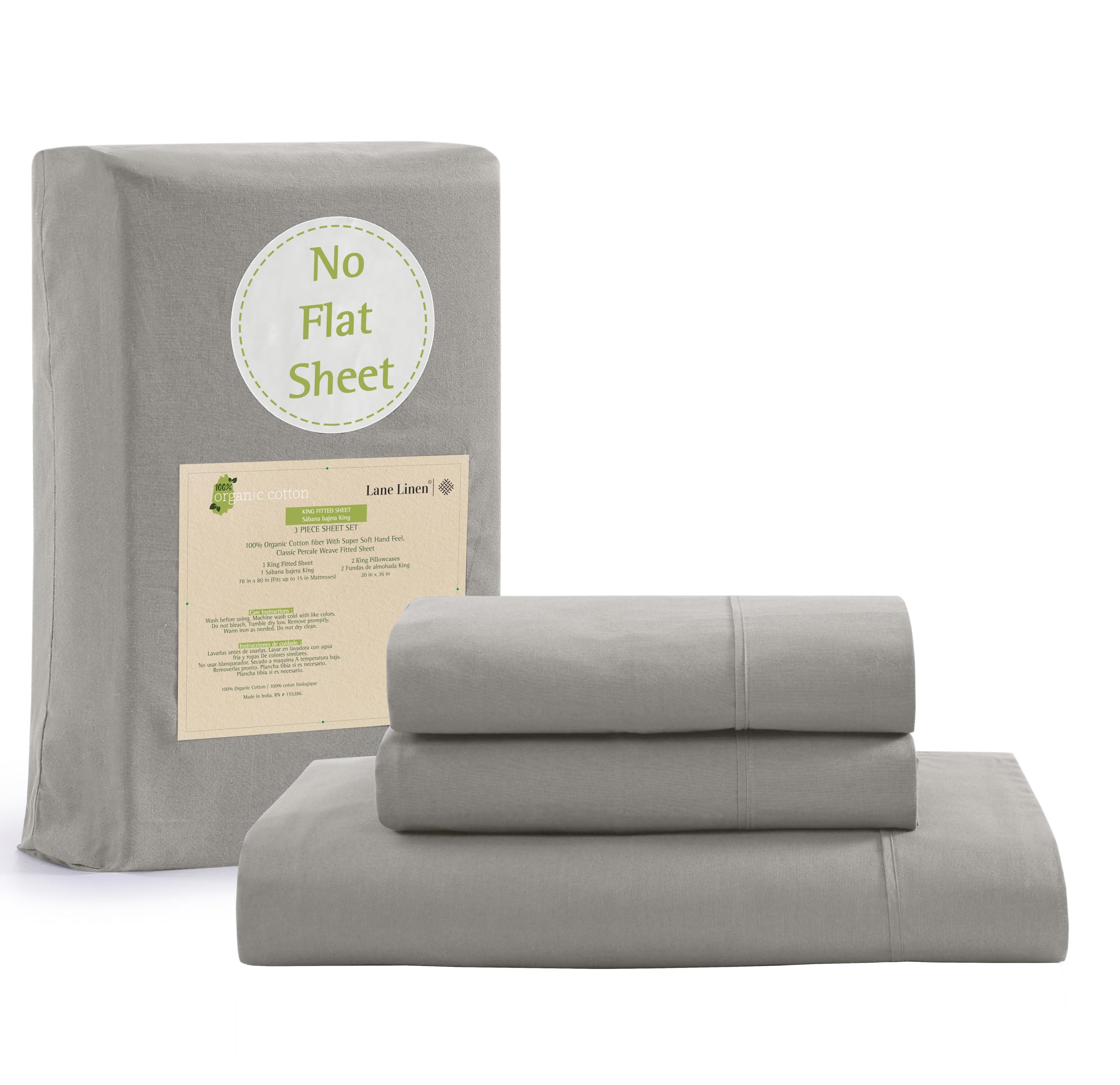 Sábana Bajera Lane Linen King, 100% Algodón Orgánico, Color Plateado - Venta Internacional.