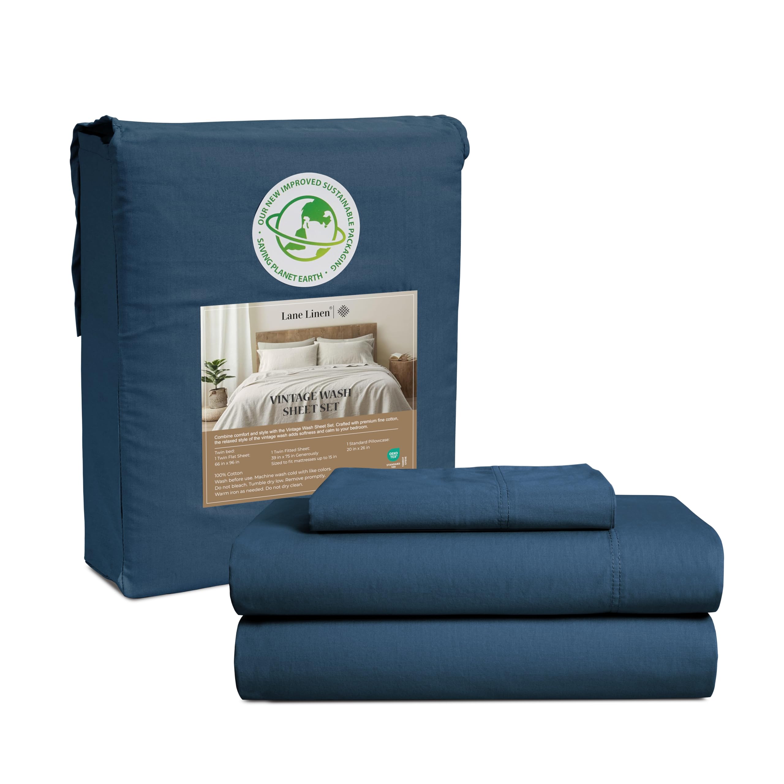 Sábanas Lane Linen Twin, 100% Algodón, Prelavadas, Color Azul Marino - Venta Internacional.