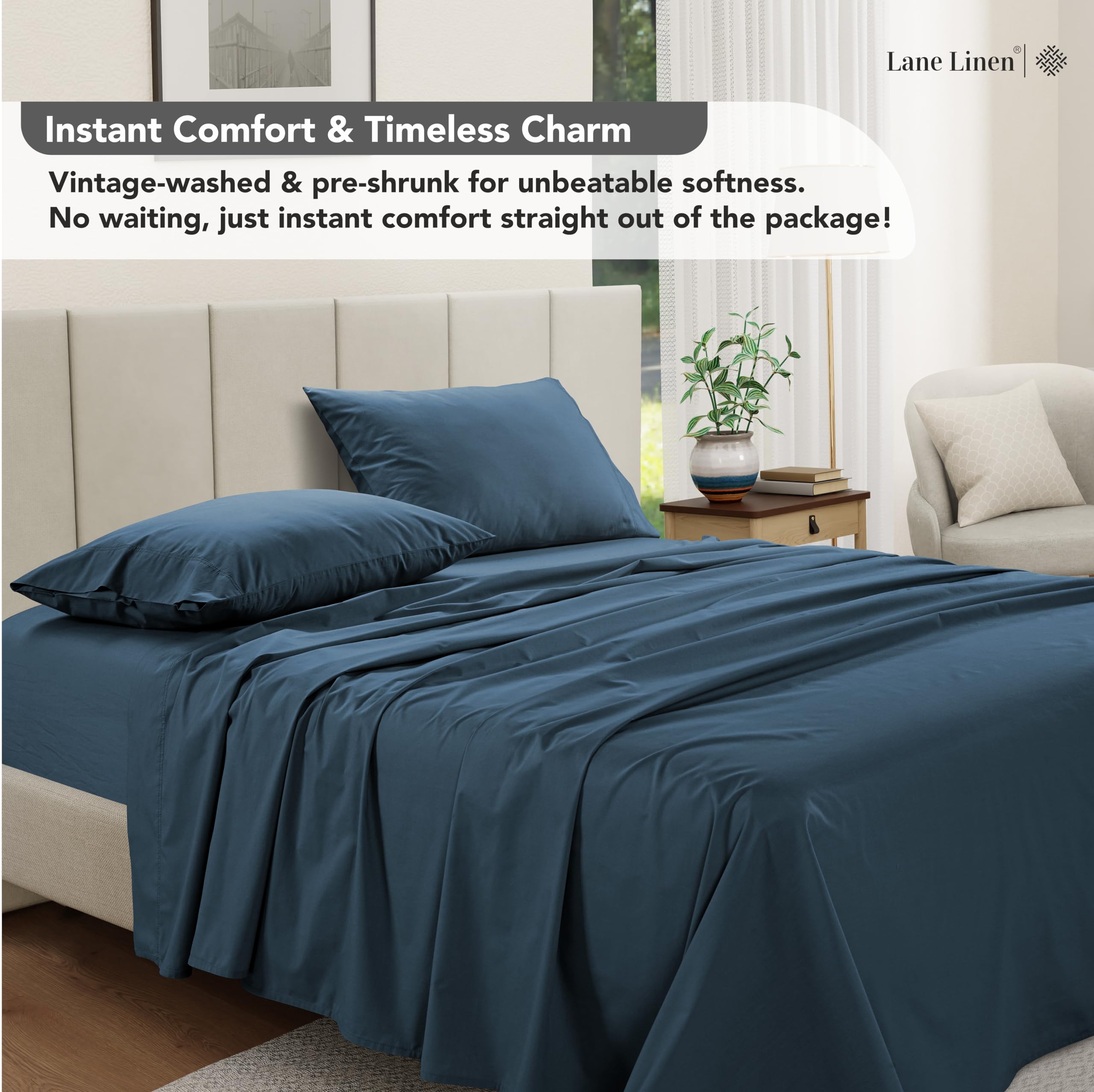 Foto 2 | Sábanas Lane Linen Twin, 100% Algodón, Prelavadas, Color Azul Marino - Venta Internacional.