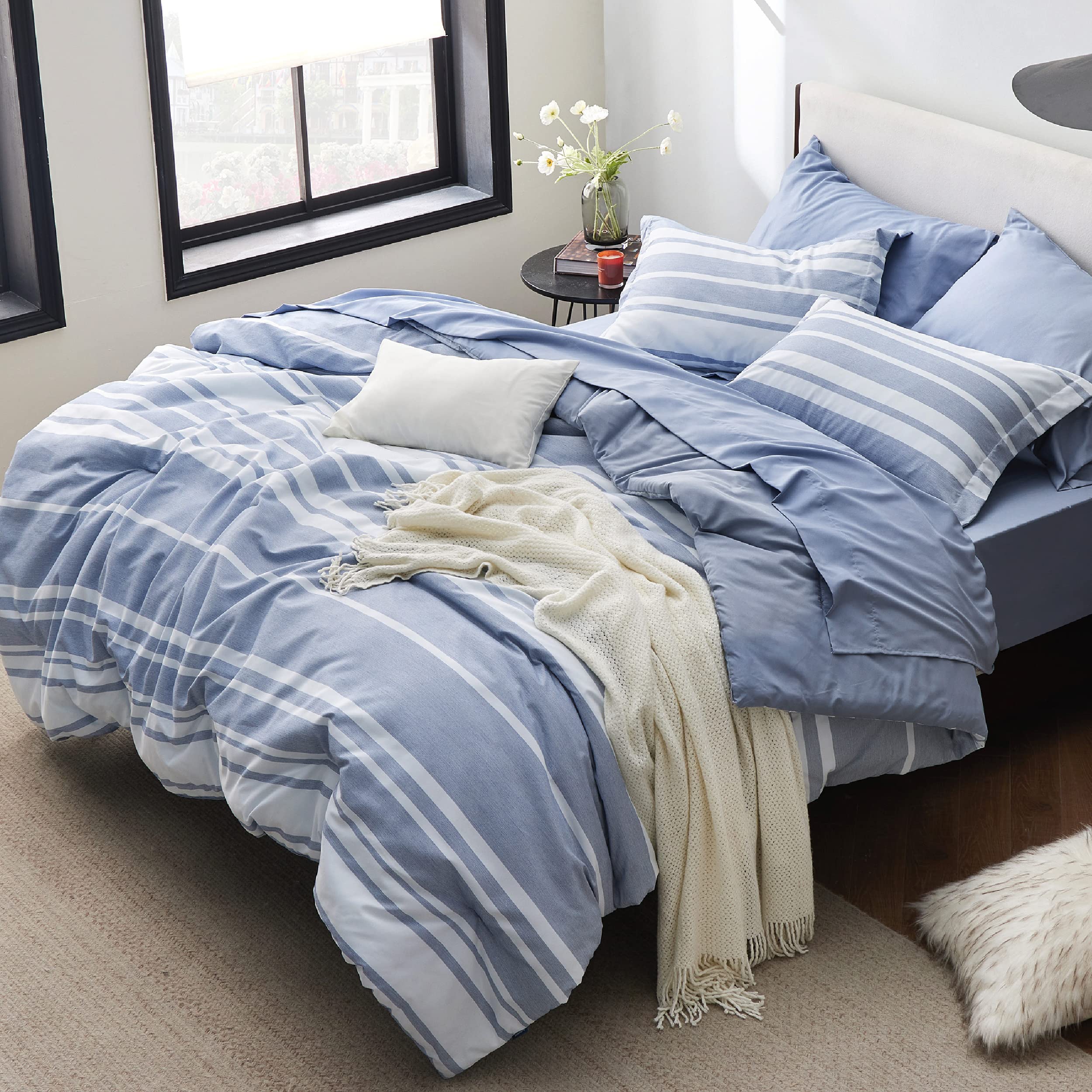 Foto 7 | Juego De Edredón Bedsure King, Blanco Y Azul A Rayas, 7 Piezas - Venta Internacional.