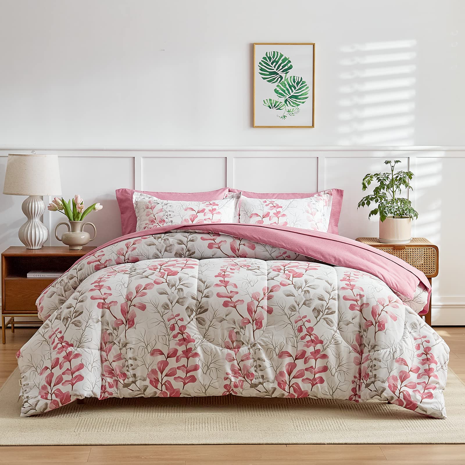 Cama En Una Bolsa Uozzi Bedding, Diseño Floral Rosa, 7 Piezas, Tamaño Queen - Venta Internacional.