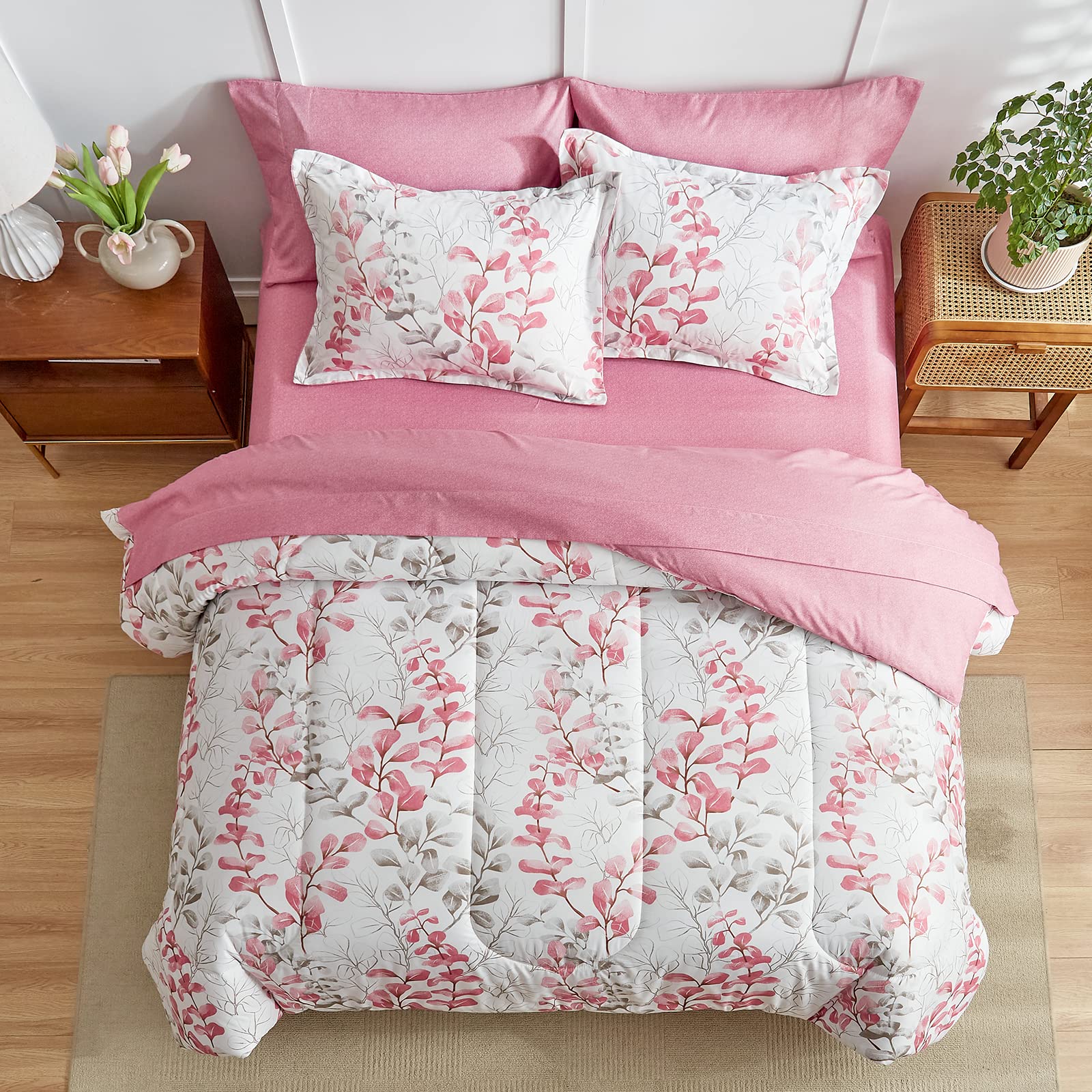 Foto 4 pulgar | Cama En Una Bolsa Uozzi Bedding, Diseño Floral Rosa, 7 Piezas, Tamaño Queen - Venta Internacional.