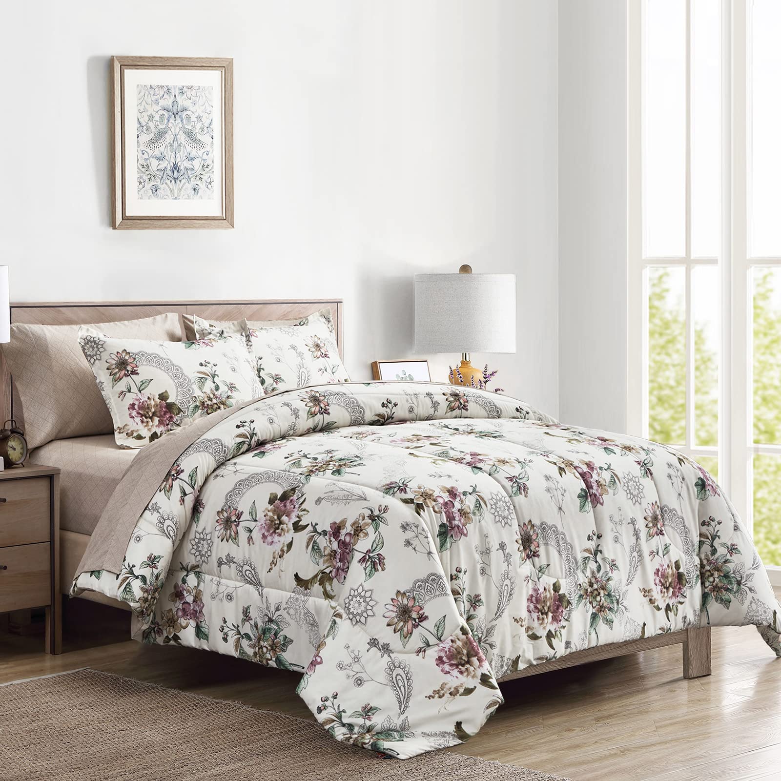 Set De Edredón Bed In A Bag Queen, 7 Piezas, Estampado Floral, Color Beige - Venta Internacional.