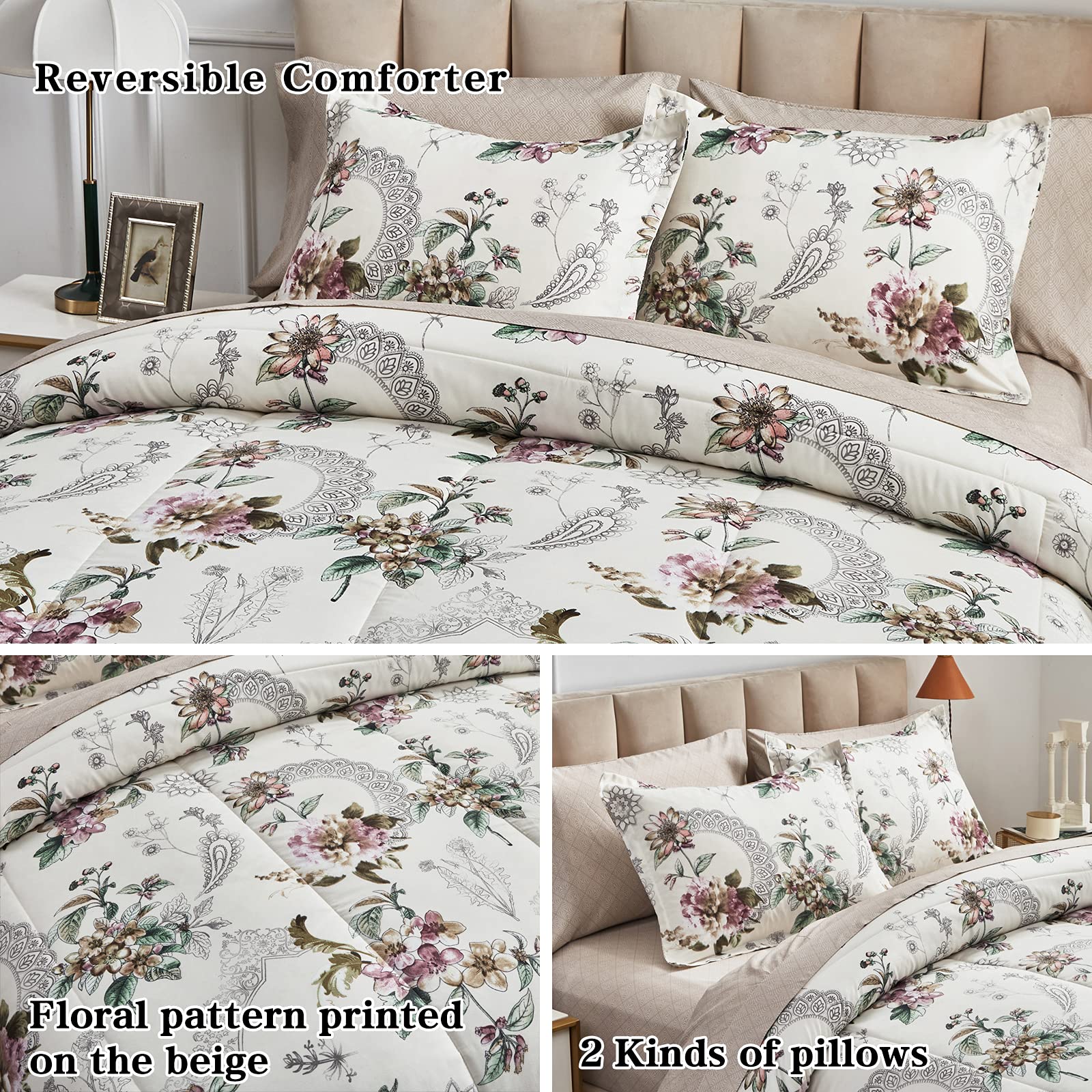 Foto 5 pulgar | Set De Edredón Bed In A Bag Queen, 7 Piezas, Estampado Floral, Color Beige - Venta Internacional.