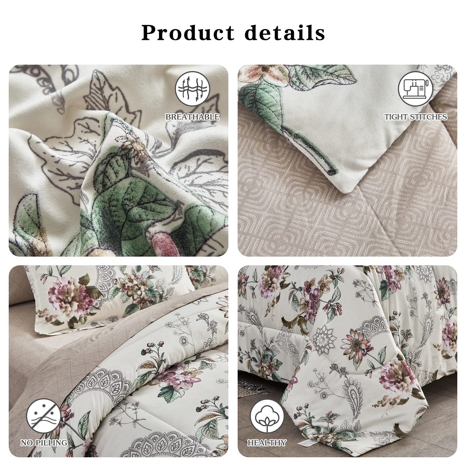 Foto 6 pulgar | Set De Edredón Bed In A Bag Queen, 7 Piezas, Estampado Floral, Color Beige - Venta Internacional.