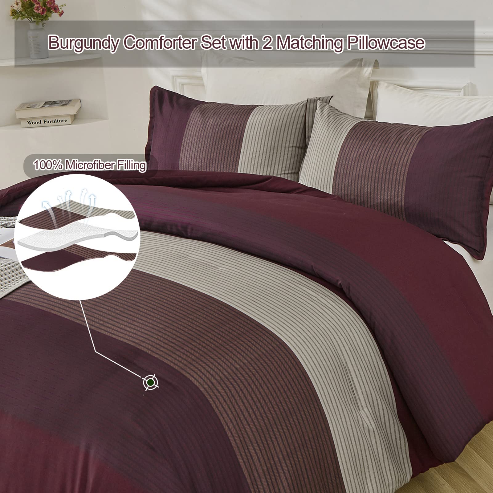Foto 5 pulgar | Juego De Edredón Wongs Bedding, Color Burdeos, Reversible, Tamaño King - Venta Internacional.