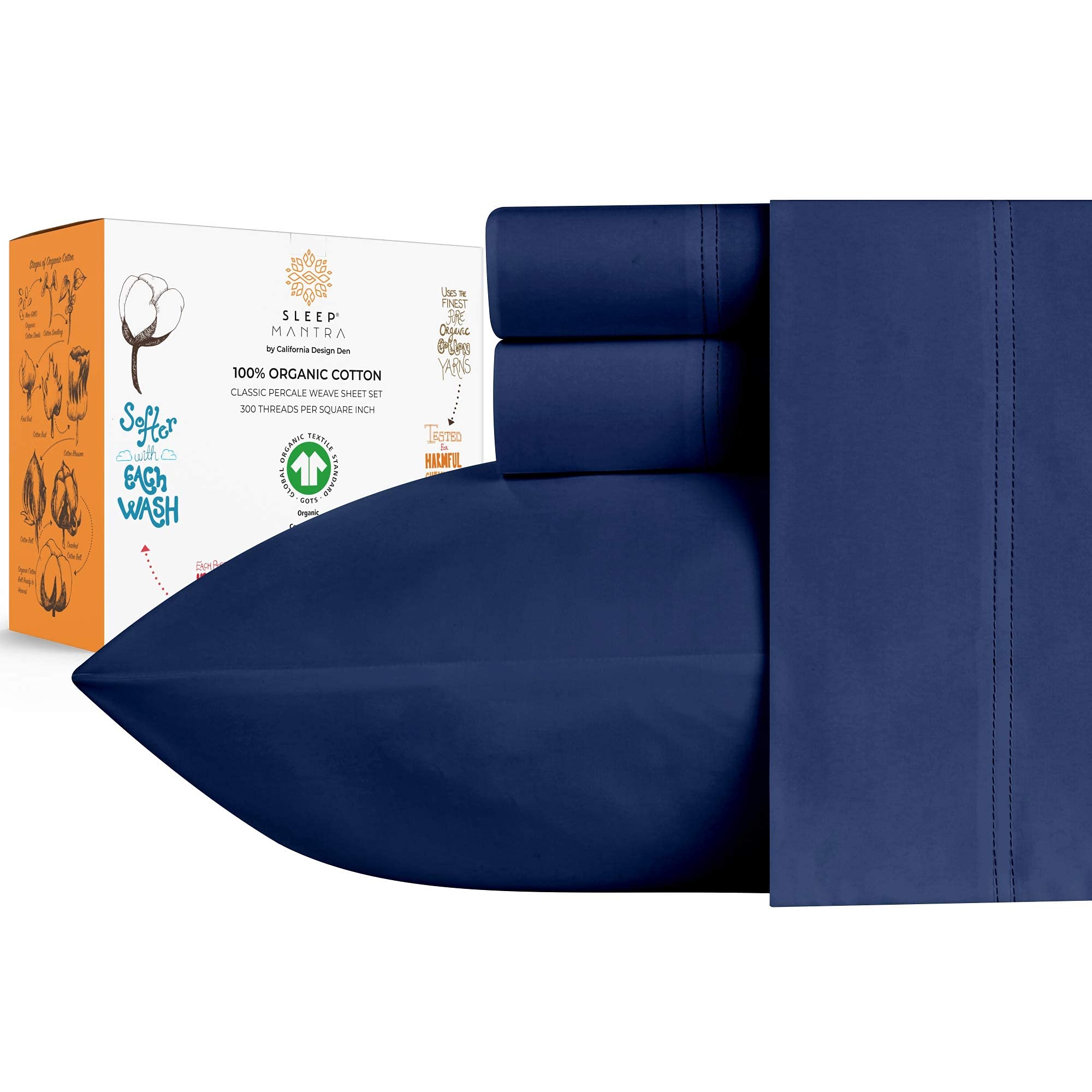 Juego De Sábanas Sleep Mantra, 100% Algodón Orgánico, Color Azul Marino - Venta Internacional.