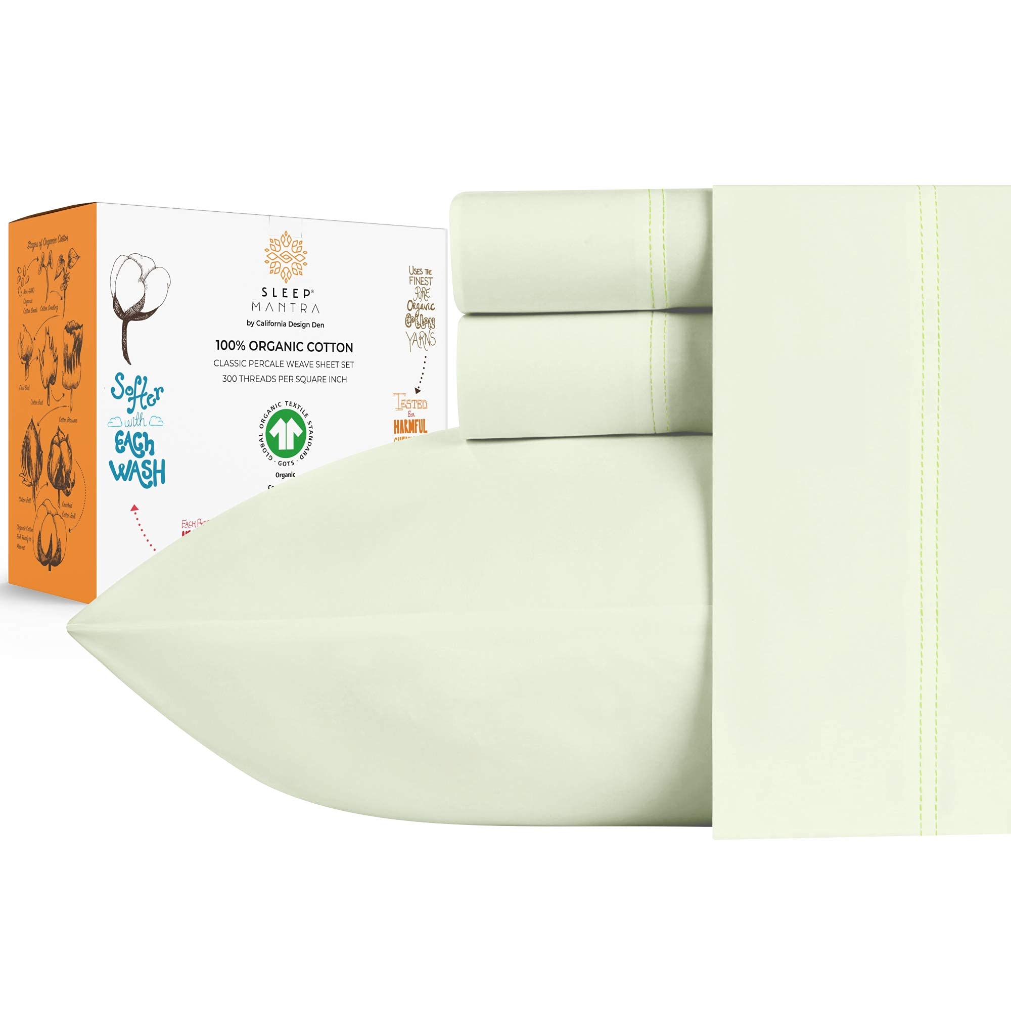 Juego De Sábanas Sleep Mantra, 100% Algodón Orgánico, Pistacho - Venta Internacional.