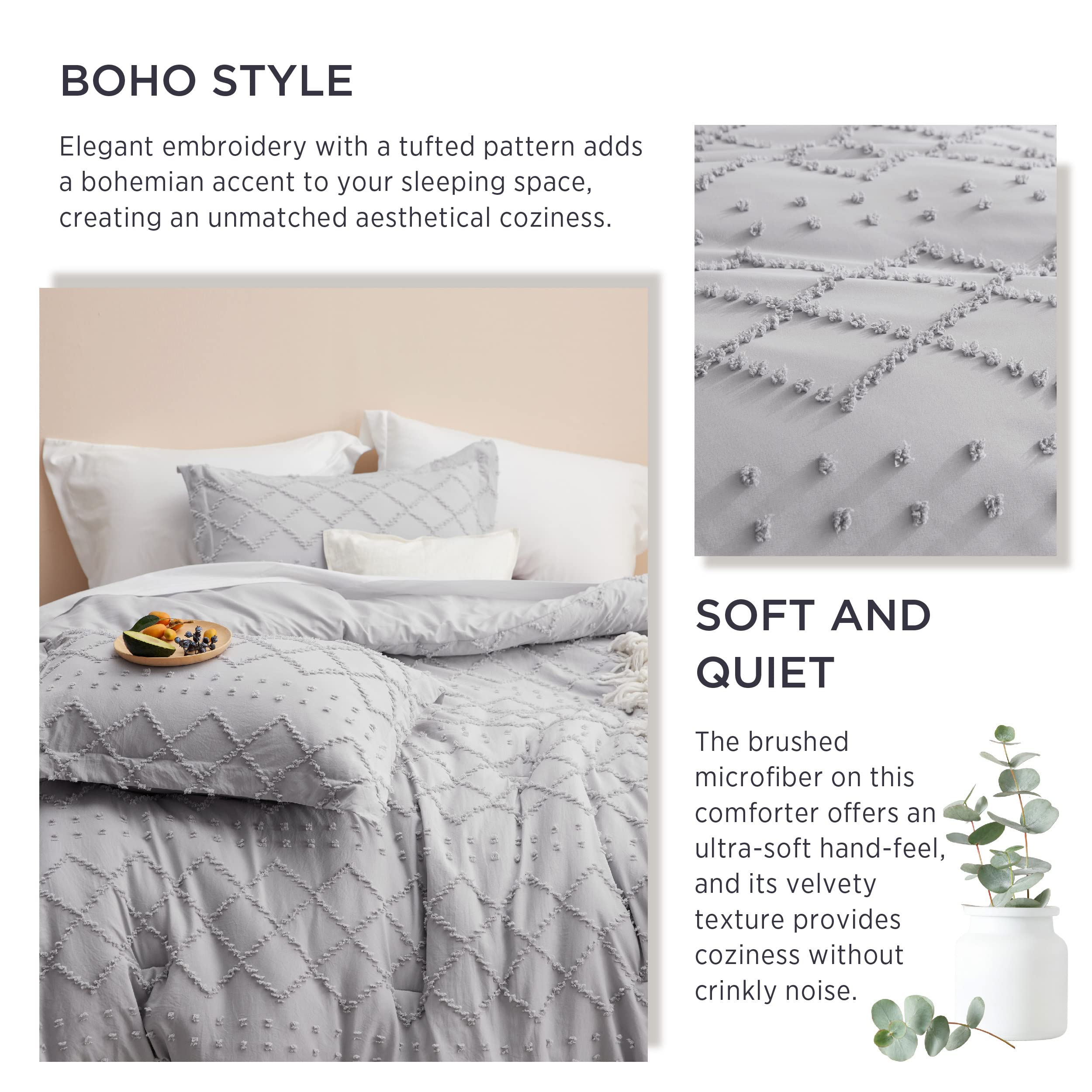 Foto 5 | Juego de Edredón Bedsure Boho Queen Gris Claro con Mechones Estilo Shabby - Venta Internacional