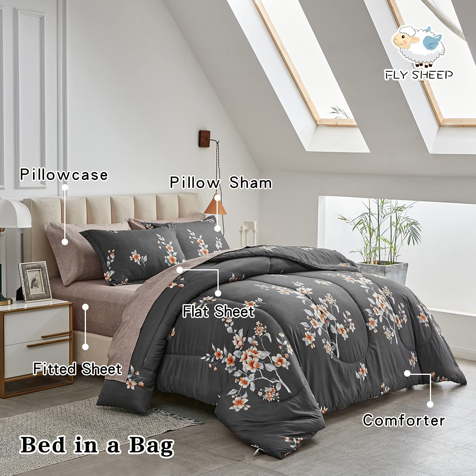 Foto 5 | Juego de Edredón Flysheep Queen de 7 Piezas con Sábanas Color Oscuro - Venta Internacional