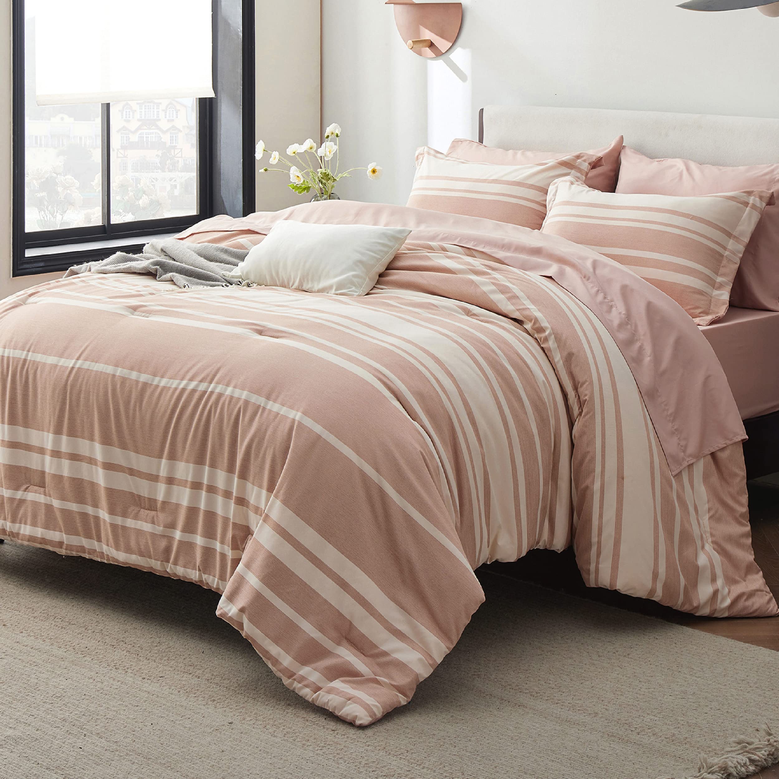 Edredón Bedsure Queen Dusty a Rayas Rosas y Blancas 7 Piezas - Venta Internacional