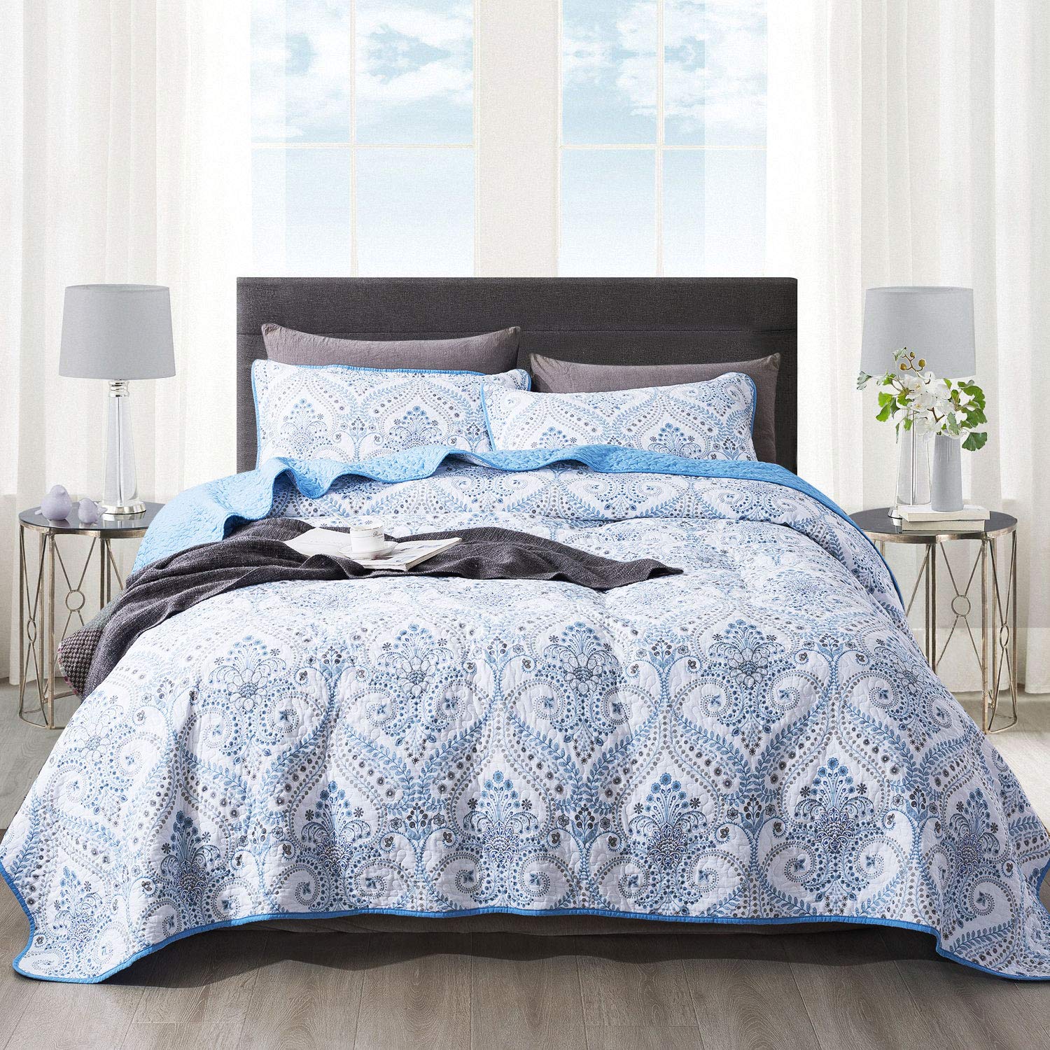 Juego De Colchas Newlake De Algodón Reversible, Color Azul Queen - Venta Internacional.