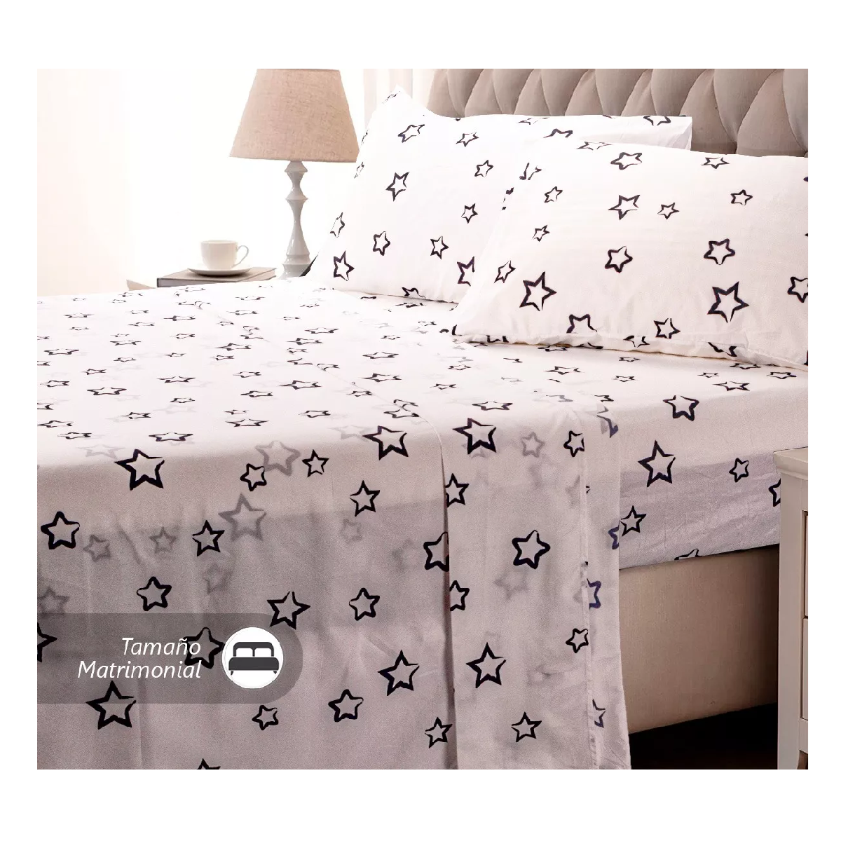 Foto 3 pulgar | Juego De Sabanas Matrimonial 2,800 Hilos Blanco Estrellas Negras