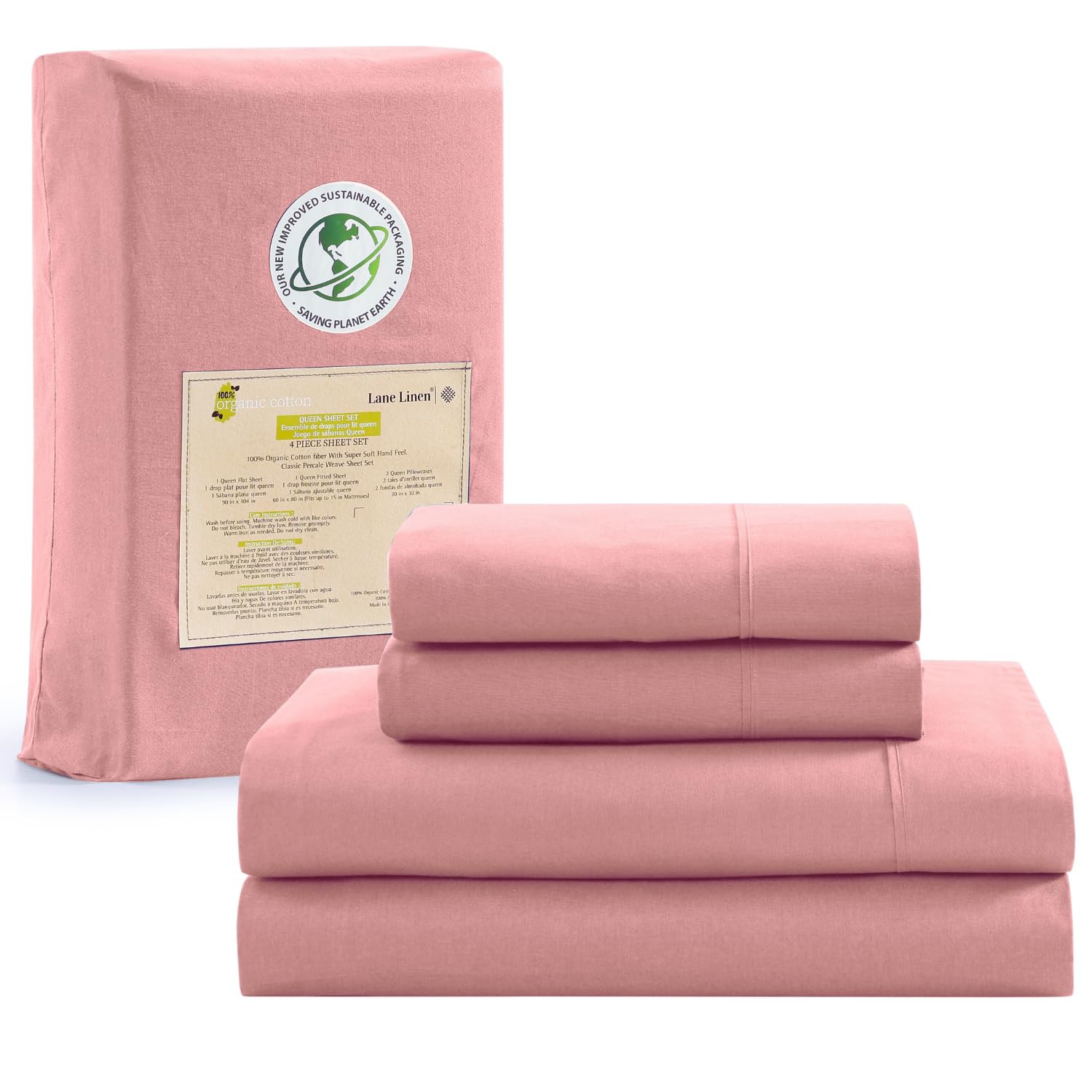 Juego De Sábanas Lane Linen, 100% Algodón Orgánico, Tamaño Doble, Rose Dawn - Venta Internacional.