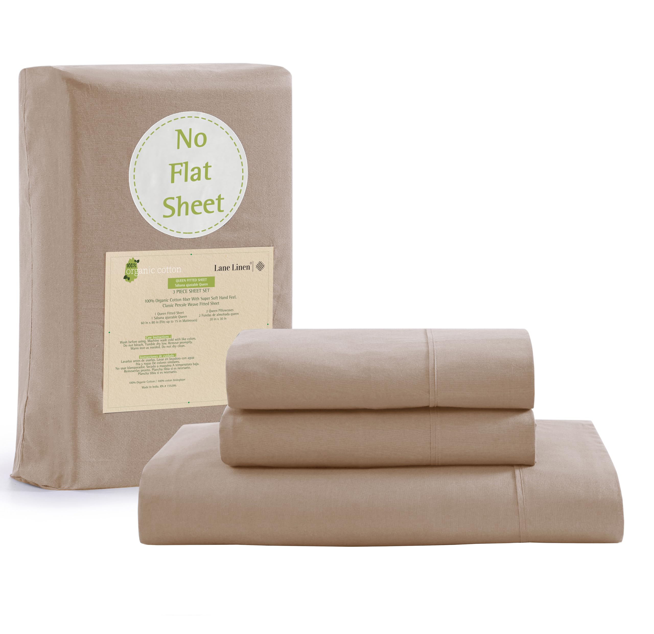 Sábana Bajera Lane Linen 100% Algodón Orgánico Queen Taupe - Venta Internacional.