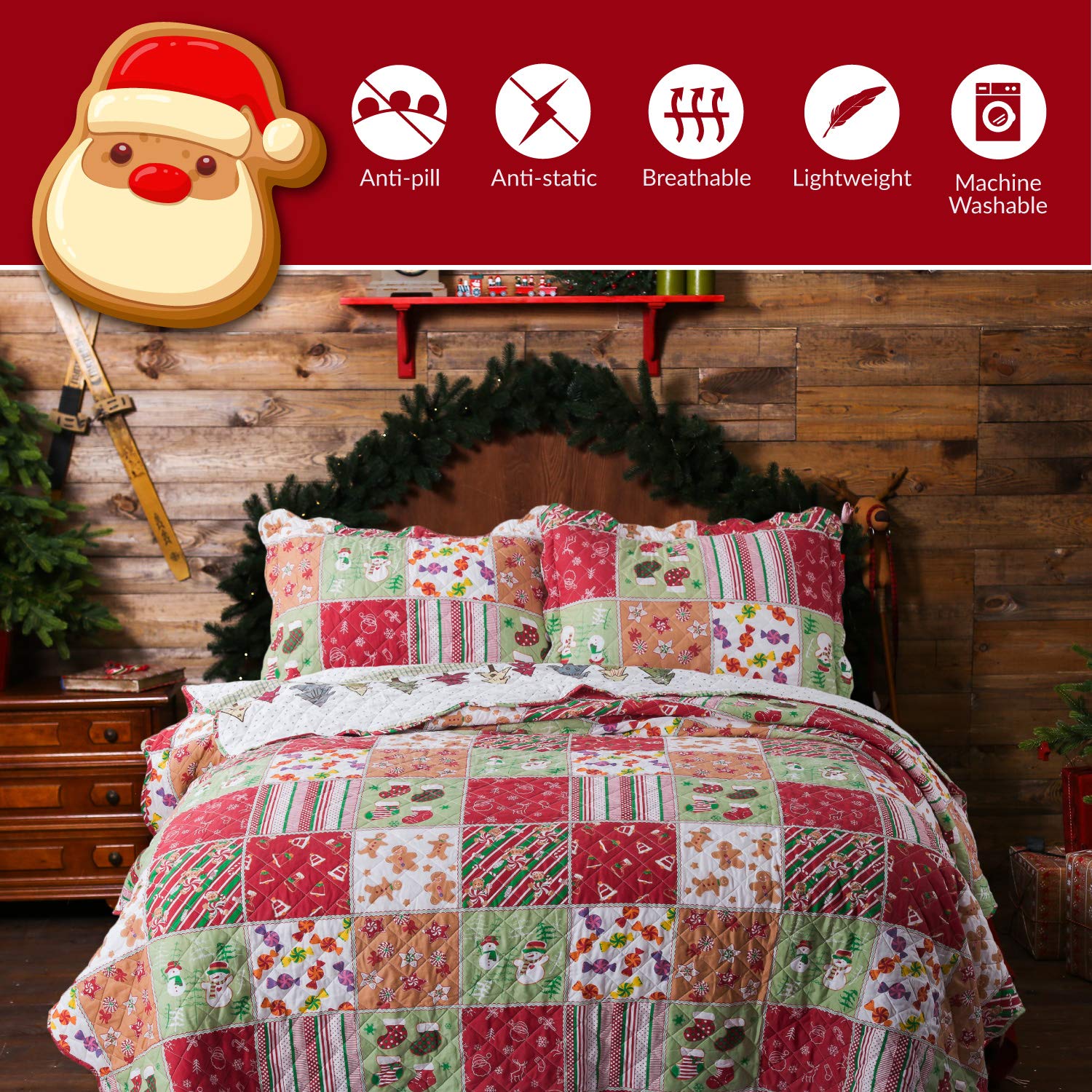 Foto 4 pulgar | Juego De Colchas Bedsure Christmas King Size, 3 Piezas, Color Rojo - Venta Internacional.
