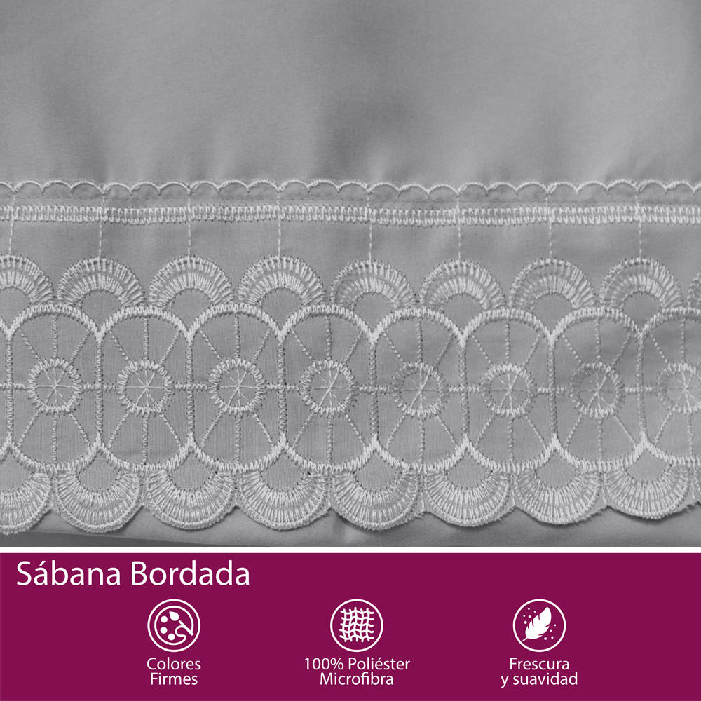 Foto 8 pulgar | Juego De Sábana Matrimonial Gris Bordada Suave Al Tacto